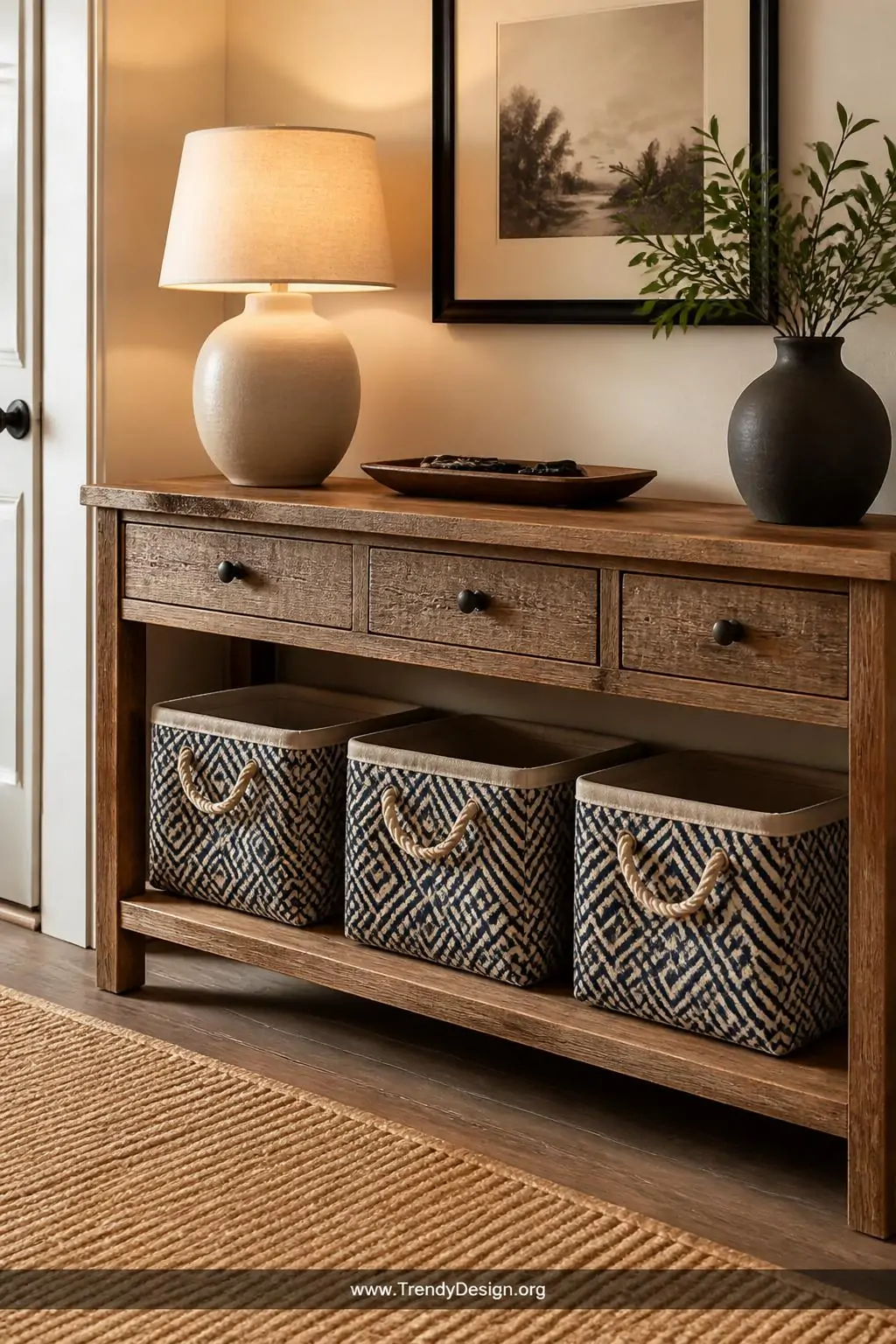 Fabric-lined cardboard storage bin with rope handles on a wooden shelf, warm amber lighting, linen and navy blue geometric fabric exterior with crisp folded edges, medium shot of three bins tucked neatly under a rustic console table in a neutral entryway, photorealistic interior design