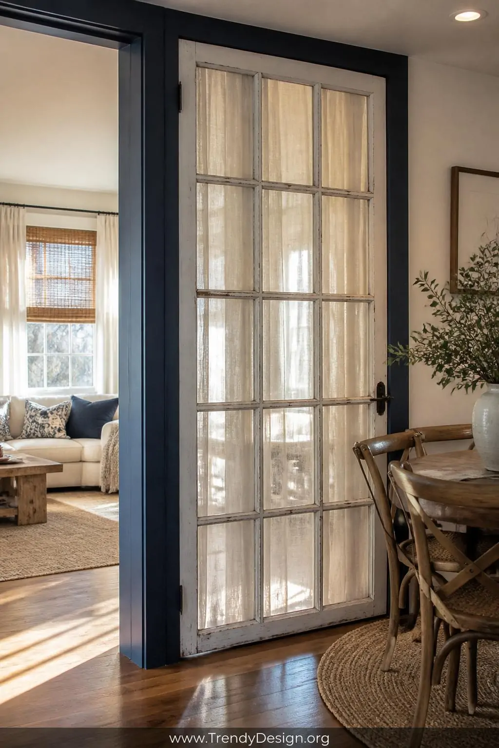 Weathered white French door mounted vertically as a room divider between a sunlit living room and dining area, navy blue painted frame, sheer linen curtain panels draped through glass panes, warm afternoon light filtering through, wide shot, photorealistic interior design.