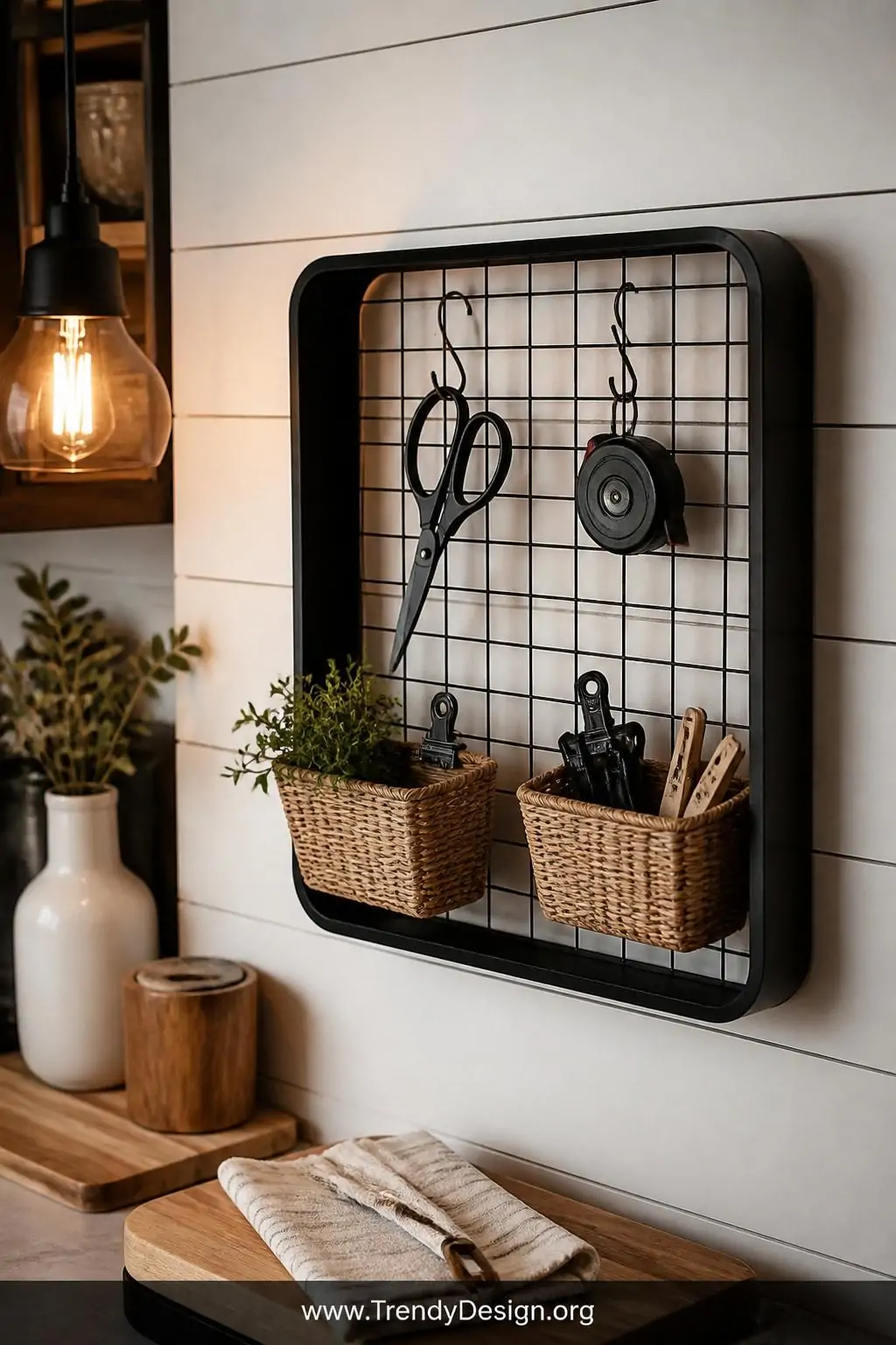 Matte black spray-painted plastic bread tray mounted on a white shiplap wall as a grid organizer in a modern farmhouse kitchen, with chrome S-hooks holding scissors and measuring tape, small woven baskets clipped to the grid, warm Edison bulb lighting, medium shot.