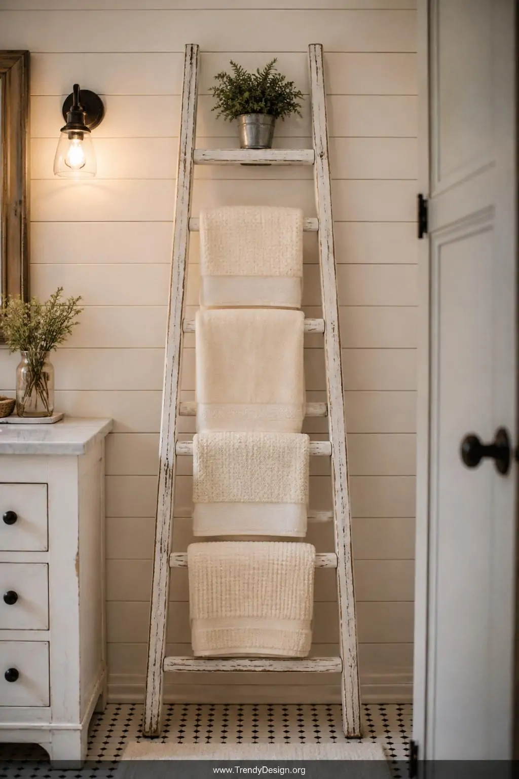 Weathered white-painted wooden ladder leaning against a shiplap bathroom wall, fluffy cream and ivory towels folded across each rung, a small potted fern on the top step, soft warm sconce lighting casting gentle shadows, medium shot showing full ladder height against the wall, farmhouse style.