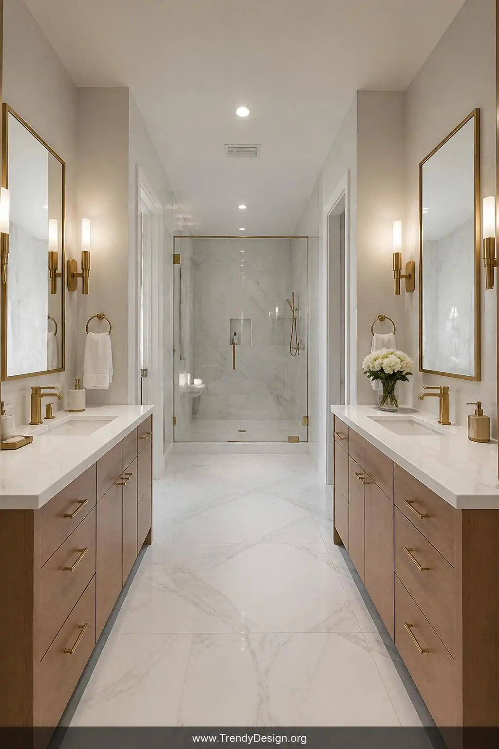 Dual white marble vanities facing each other across a wide 36-inch central walkway in a master bathroom, contemporary style, matching brushed gold sconces illuminating individual mirrors above each sink, polished white quartz countertops and warm wood cabinetry below, wide shot showing the full symmetrical corridor with the shower visible in the background.