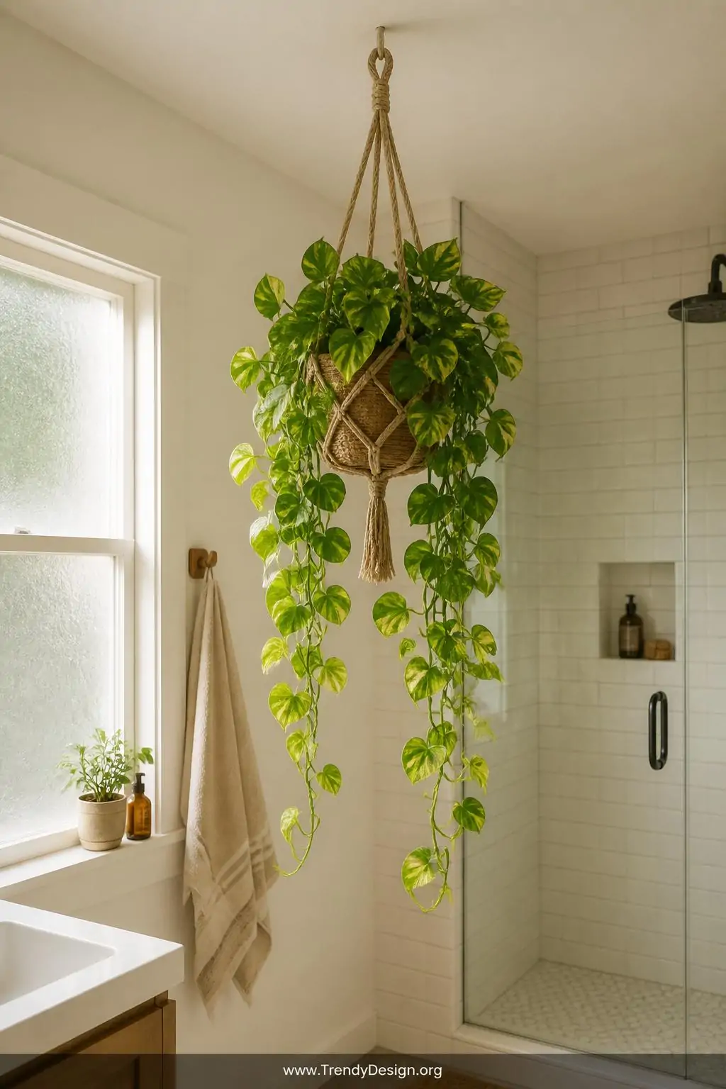 Golden Pothos in a woven macramé hanging planter suspended from a white bathroom ceiling, trailing heart-shaped variegated vines cascading three feet downward above a subway-tiled shower, warm natural light filtering through frosted glass, wide shot.