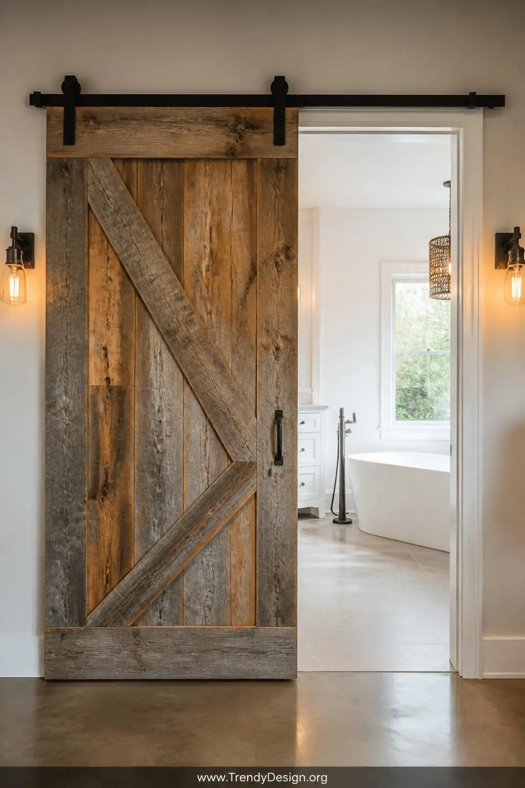 Rustic reclaimed wood sliding barn door on a brushed black wall-mounted track beside a bright white bathroom entrance, wide shot, warm Edison bulb sconces flanking the frame, natural wood grain texture with grey and amber tones, polished concrete floor, photorealistic interior design.