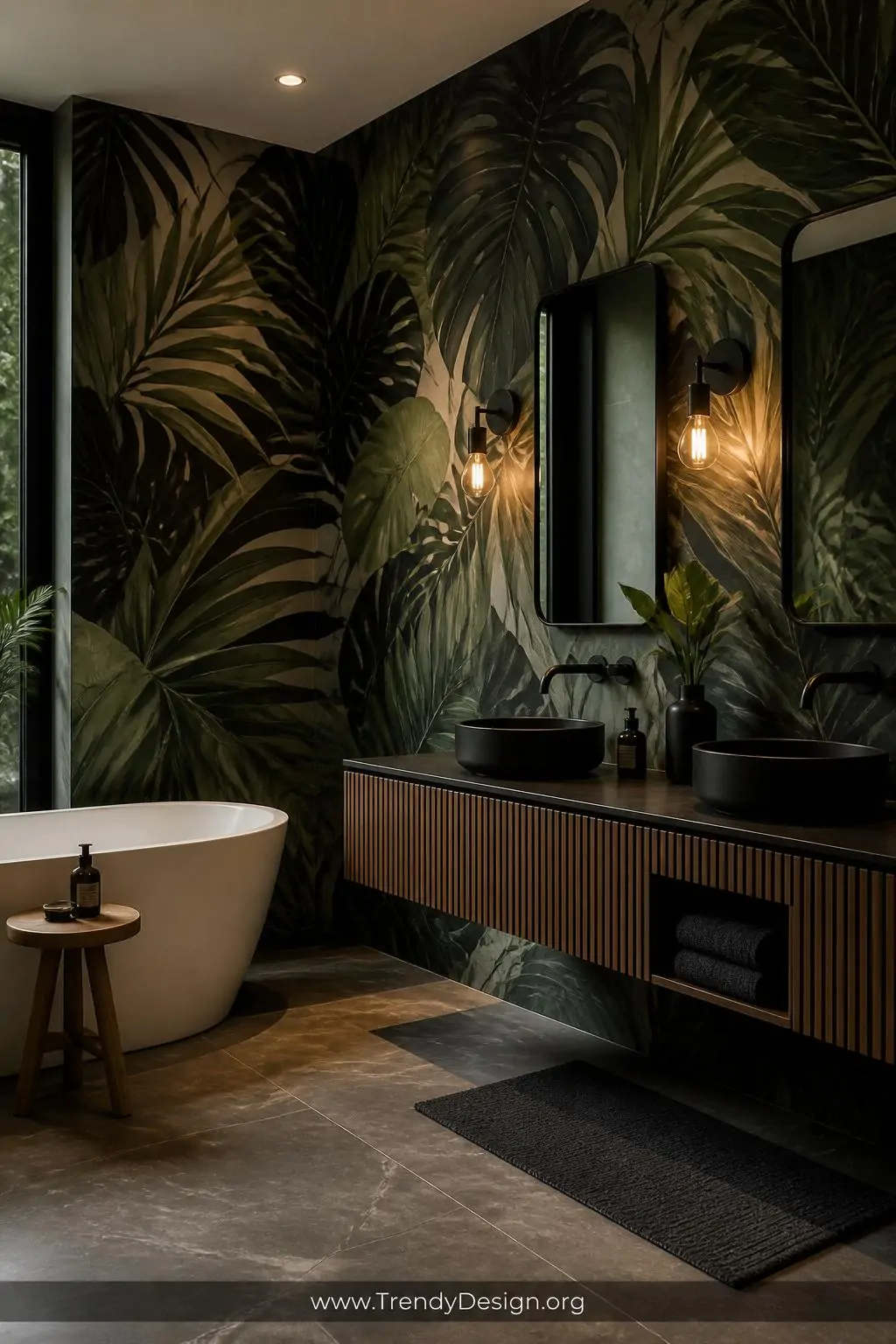 Oversized tropical botanical wallpaper with giant monstera and palm frond prints in deep forest green and inky black covering floor-to-ceiling bathroom walls, paired with matte black faucets on a floating vanity, warm Edison bulb sconces casting dramatic shadows, wide shot of a spa-like luxury bathroom interior, photorealistic.