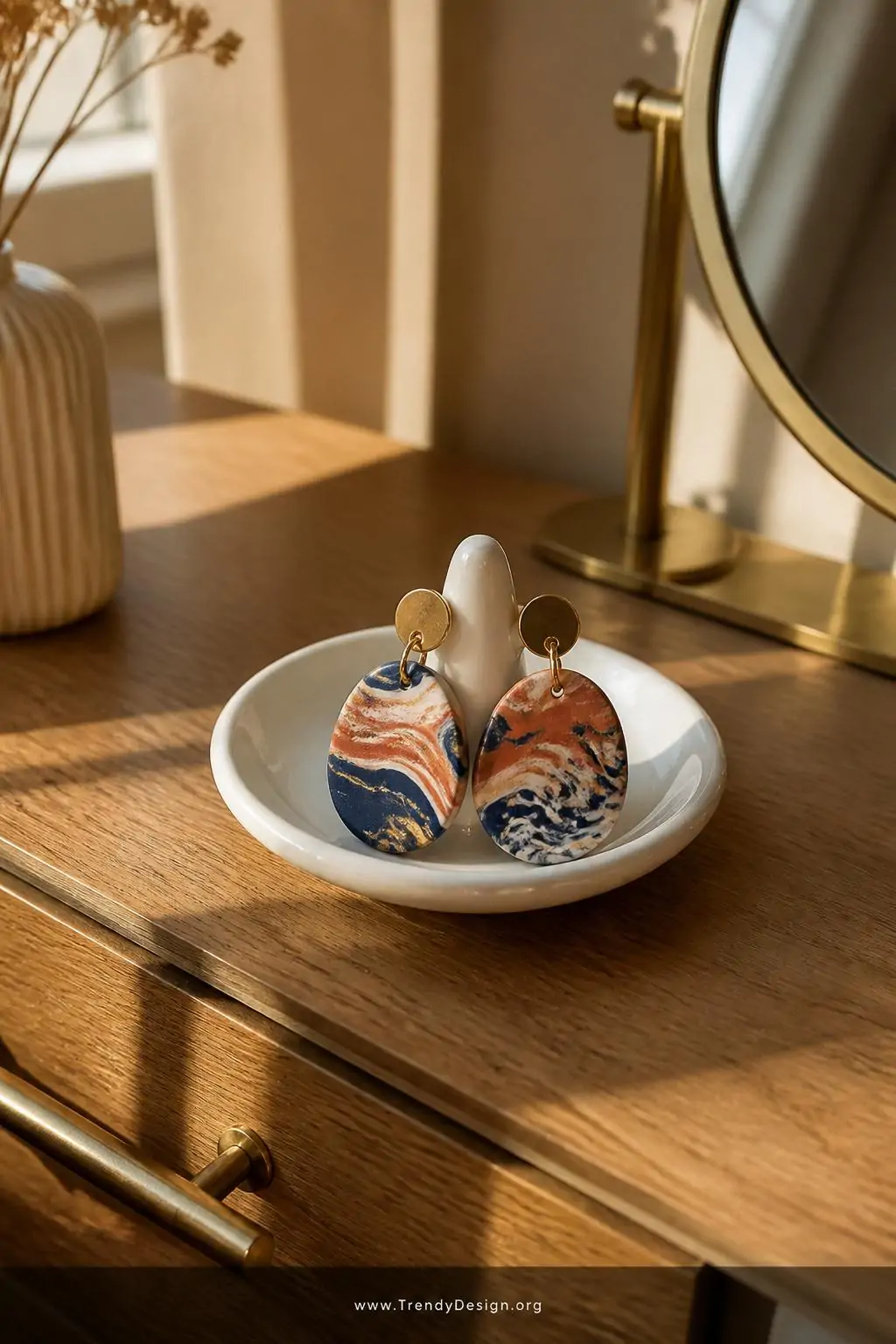 Marbled polymer clay earrings in terracotta and cream with deep navy and gold swirling blends displayed on a white ceramic ring dish atop a warm oak vanity, soft golden afternoon light streaming from a side window, closeup shot capturing the glossy sealed surface and sophisticated color swirls against brushed brass hardware.