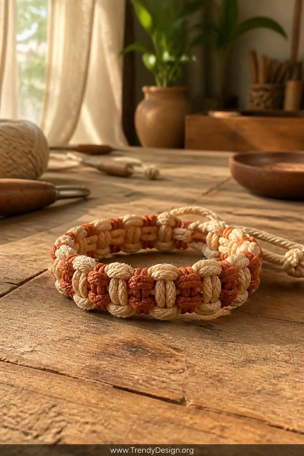 Chunky cream and terracotta square knot macrame bracelet resting on a weathered wooden craft desk, warm golden afternoon light streaming through a linen-curtained window, soft cotton cord texture visible in extreme closeup against natural wood grain, earthy bohemian studio aesthetic.