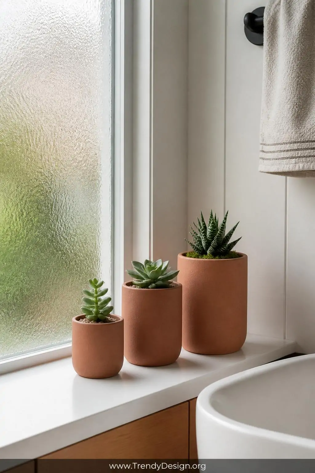 Three mini clay succulent planters in graduated heights with thick terracotta walls holding small succulents, arranged on a white bathroom shelf beside a frosted window, soft natural light, medium shot
