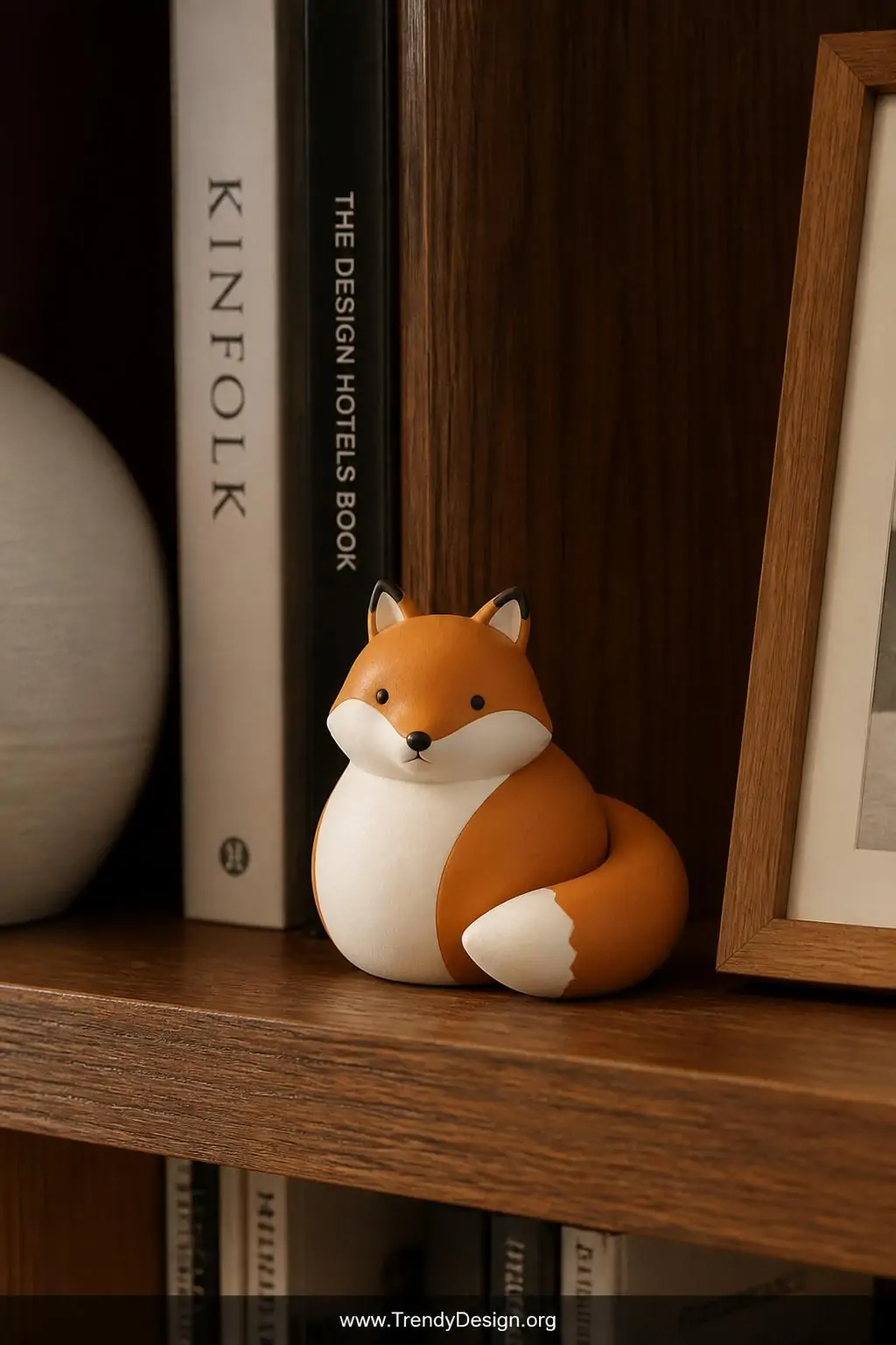 Chubby burnt orange and white polymer clay fox figurine with tiny triangular ears and thick curved tail on a wooden bookshelf, warm ambient lighting, matte surface, closeup shot