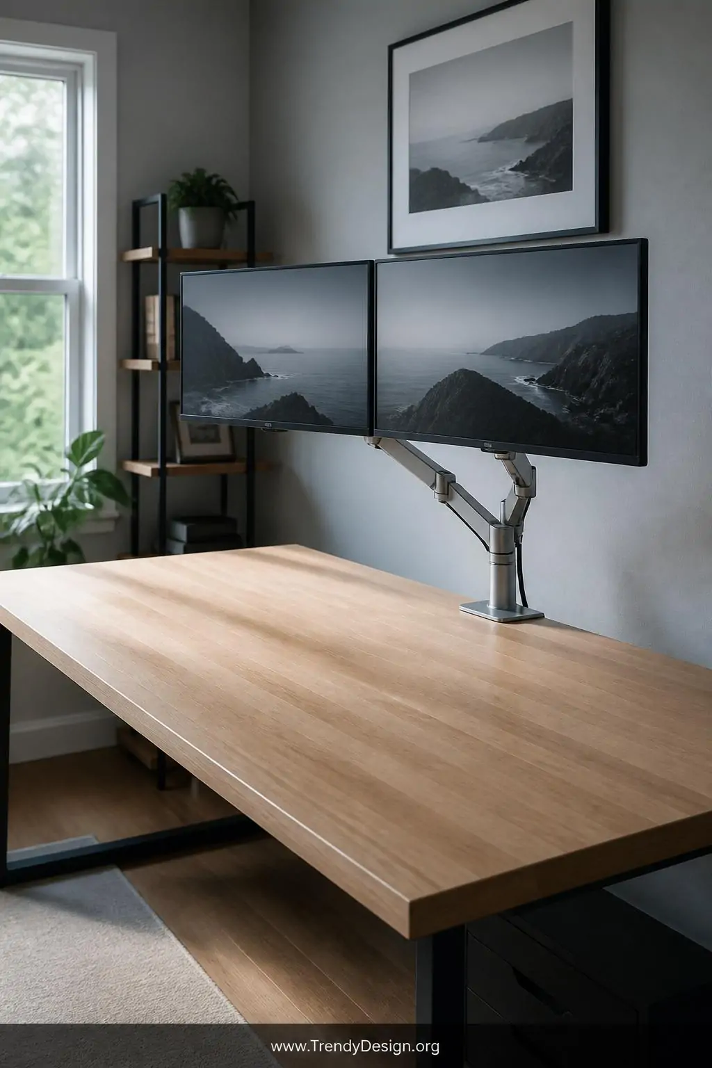 Dual monitor arm mount holding two large screens above a completely clear white oak desk surface, home office, modern minimalist, silver articulating arm with routed black cables disappearing into the desk edge, cool daylight streaming from a side window, medium shot.