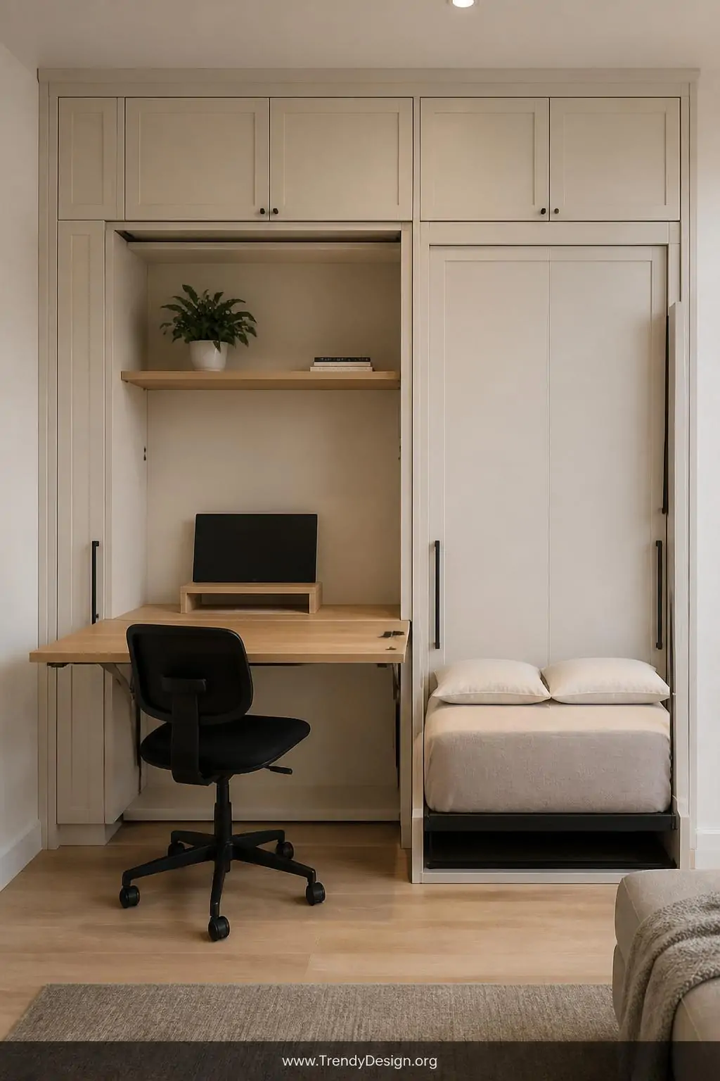 Fold-down wall-mounted desk panel with Murphy bed mechanism inside a compact studio closet conversion, warm white cabinetry, natural wood desk surface, slim matte black task chair tucked underneath, soft neutral walls, floating shelves holding a small potted plant and minimal monitor riser, medium shot showing full floor-to-ceiling built-in system, photorealistic interior design.