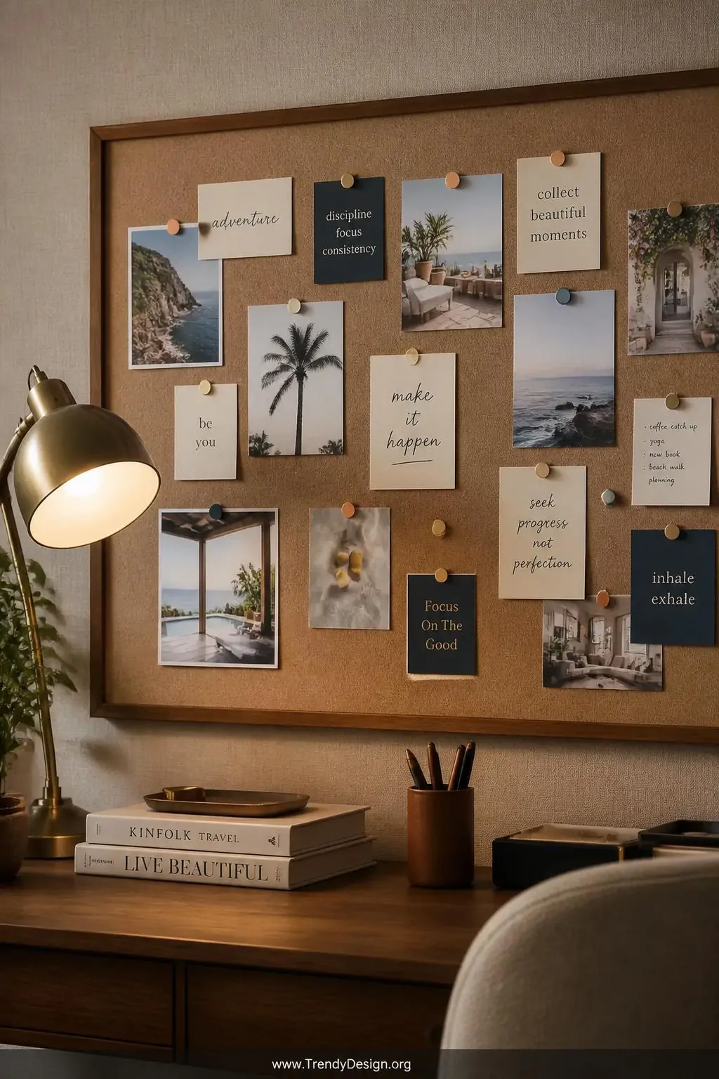 Large corkboard above a wooden desk covered in printed photos, handwritten index card affirmations, and color-coordinated pushpins in coral, navy, and gold, warm incandescent desk lamp casting soft shadows, medium shot of organized pin clusters against a natural linen wall, photorealistic interior design.