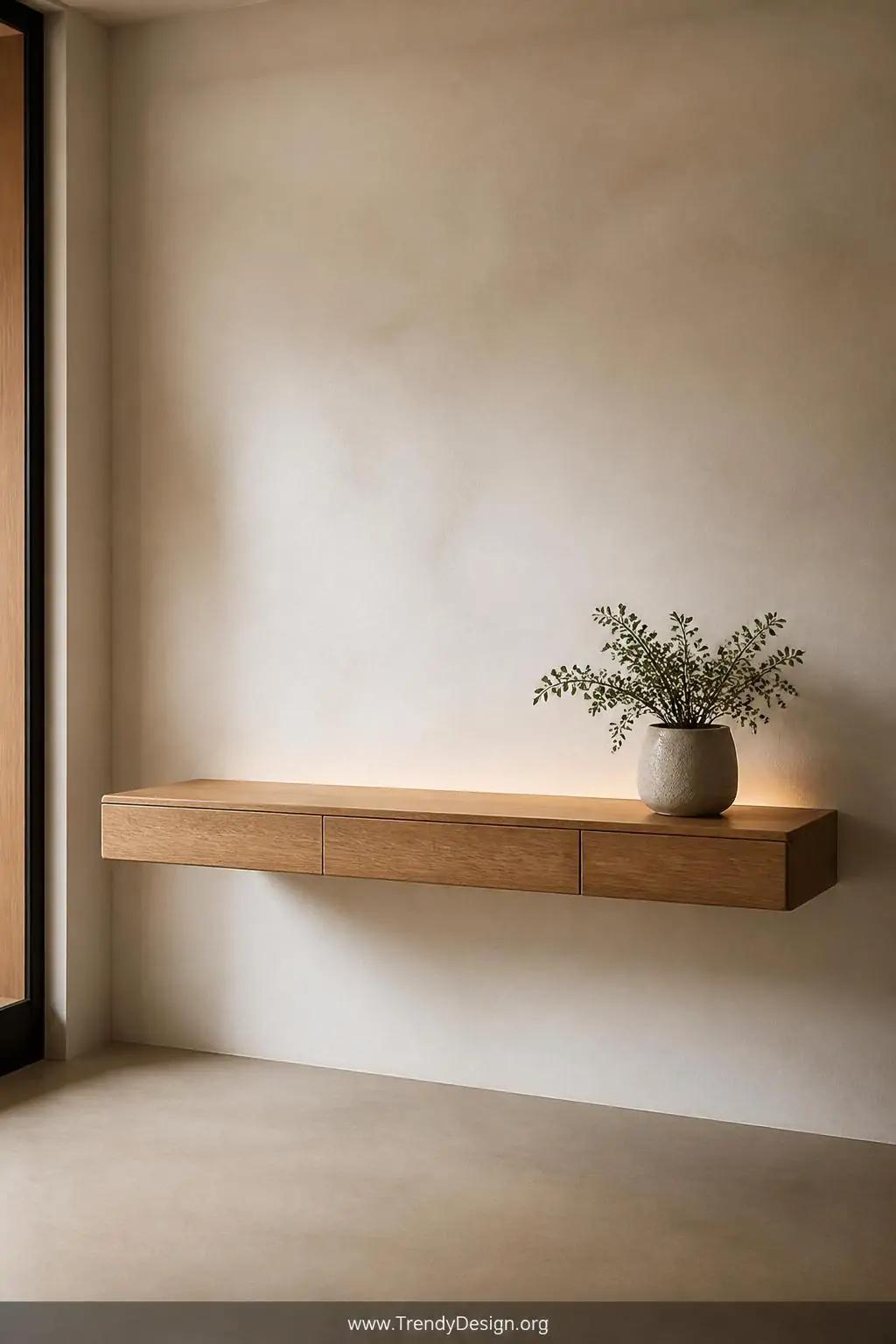 Floating wall-mounted natural wood desk shelf anchored to a white plaster wall, floor completely bare beneath it, a single small potted plant on the floating shelf above, warm ambient light casting soft shadows, medium shot, photorealistic interior design.