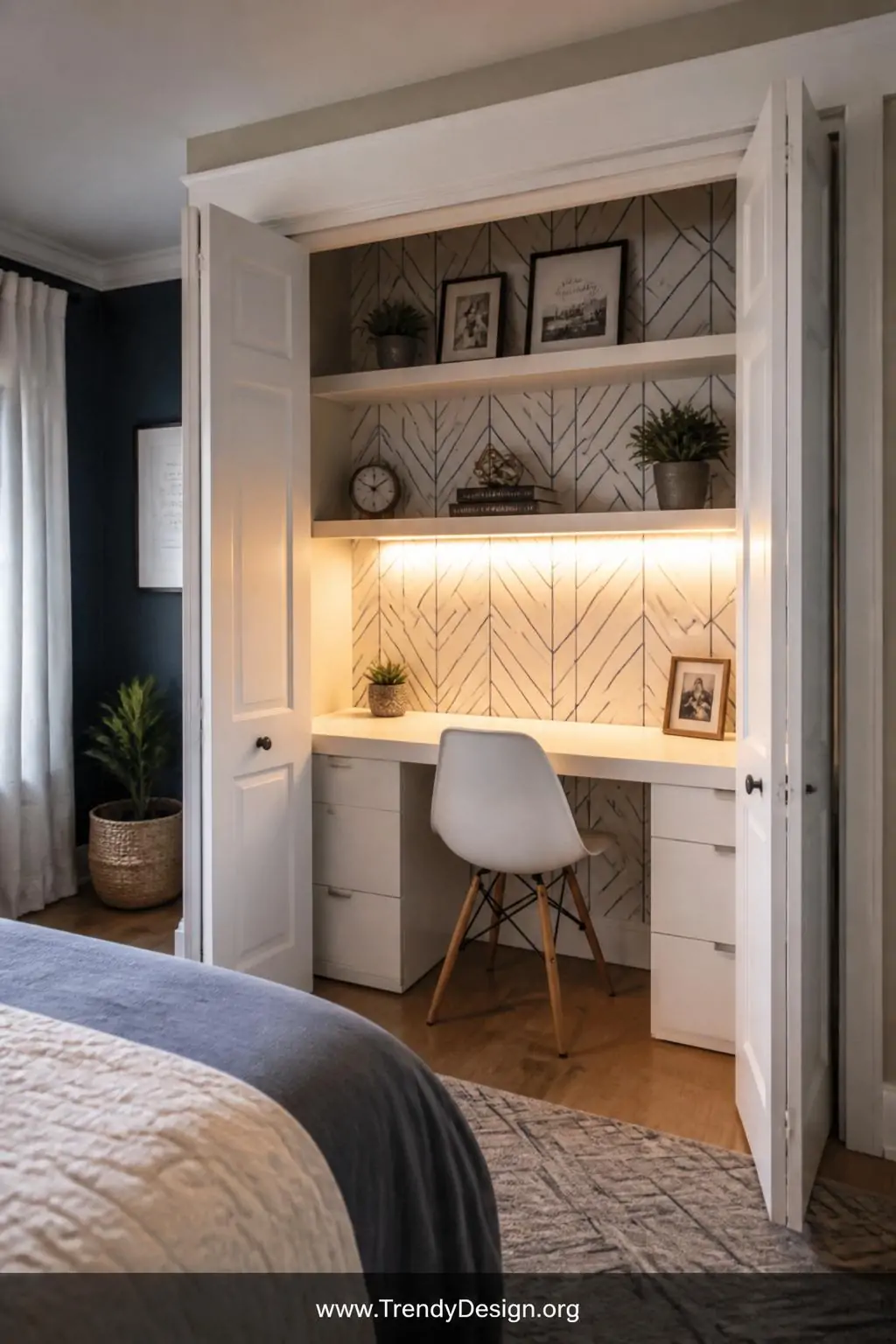 Bi-fold white closet doors flung open to reveal a fitted white desktop with floating shelves above, peel-and-stick geometric navy and white wallpaper on the back wall, warm LED light bar glowing under upper shelves casting golden light across a clean desk surface, medium shot of a bedroom cloffice, modern Scandinavian style, photorealistic interior design.