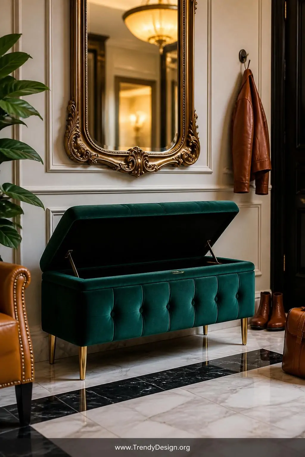 Tufted velvet bench in deep emerald green with brass legs and lift-top storage compartment in a classic entryway, jewel-toned luxury style — ornate vintage mirror above reflecting warm golden light on diamond-tufted upholstery, cognac leather accents nearby and polished marble floor beneath, medium shot.