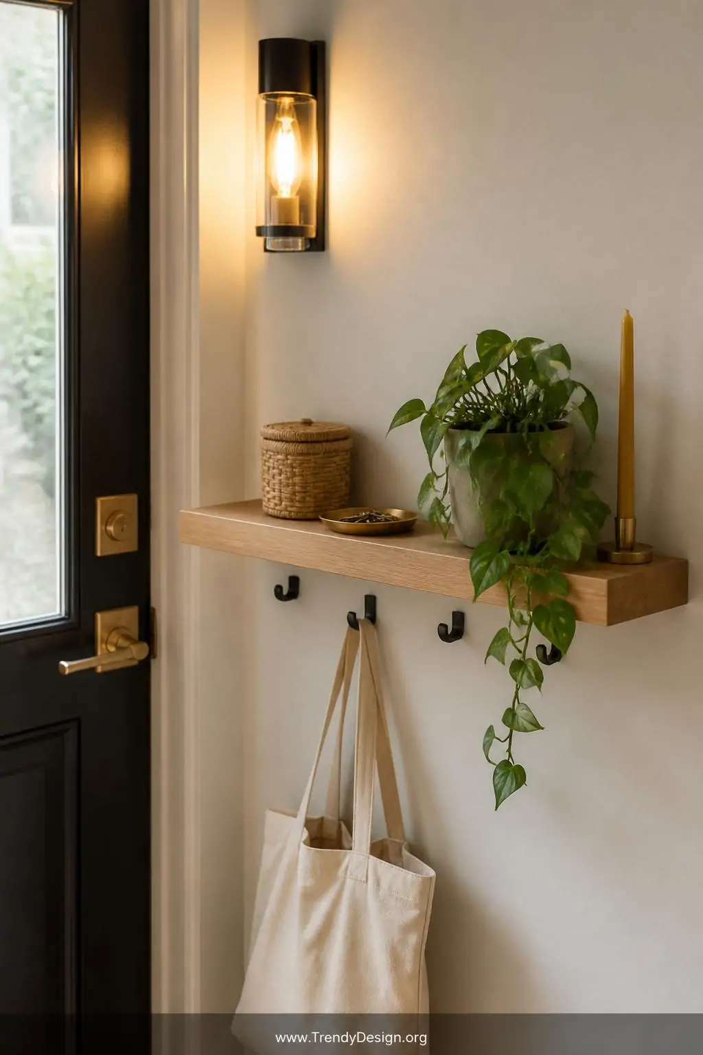 Floating white oak wall shelf mounted near a front door at arm height, holding a small woven rattan basket, a brass key dish, and a trailing pothos plant beside a slim beeswax candle, with adhesive matte black hooks underneath suspending a canvas tote bag, warm ambient sconce lighting casting a golden glow, medium shot, photorealistic interior design.
