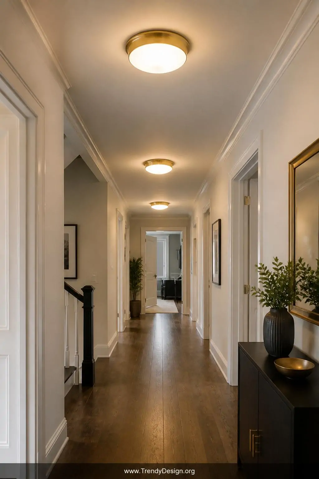 Brushed brass flush mount ceiling light with frosted glass diffuser in a narrow hallway, warm golden glow illuminating cream walls and dark hardwood floors, multiple fixtures spaced down the corridor, wide shot, photorealistic interior design.