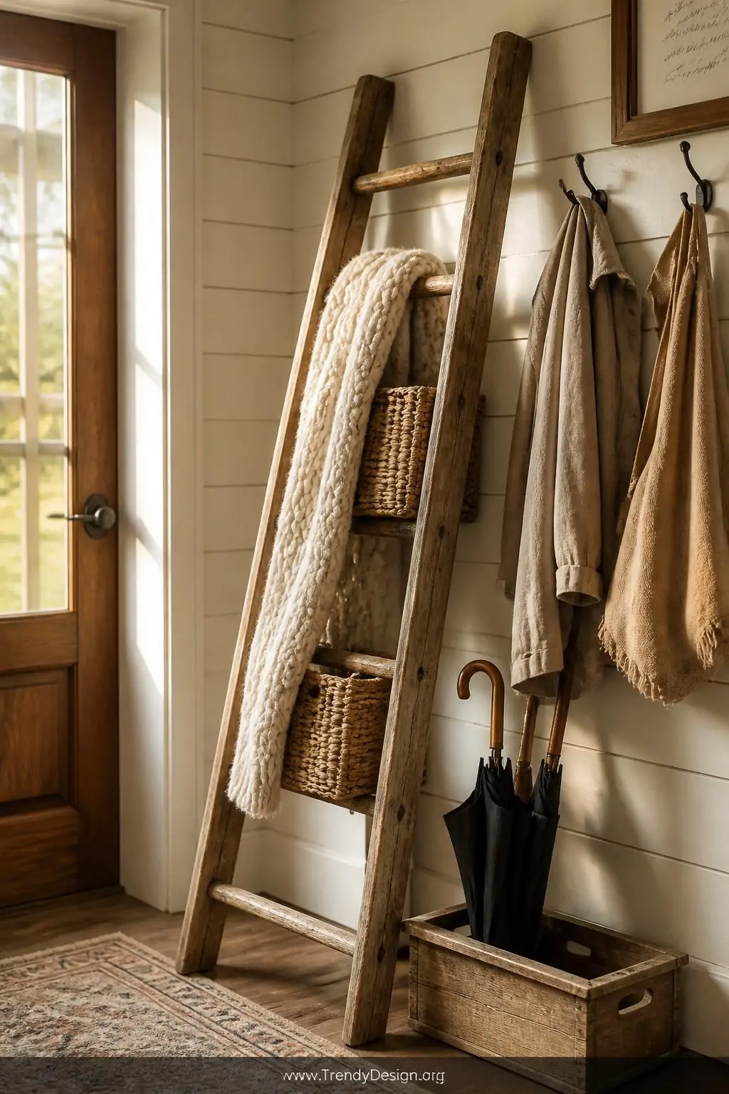 Weathered wooden ladder leaned against a warm white shiplap wall in a farmhouse entryway, chunky cream knit blanket draped over the rungs, woven baskets tucked between steps, a small rustic tray with umbrellas at the base, natural linen coats hanging casually, golden afternoon light streaming from a nearby window, wide shot.