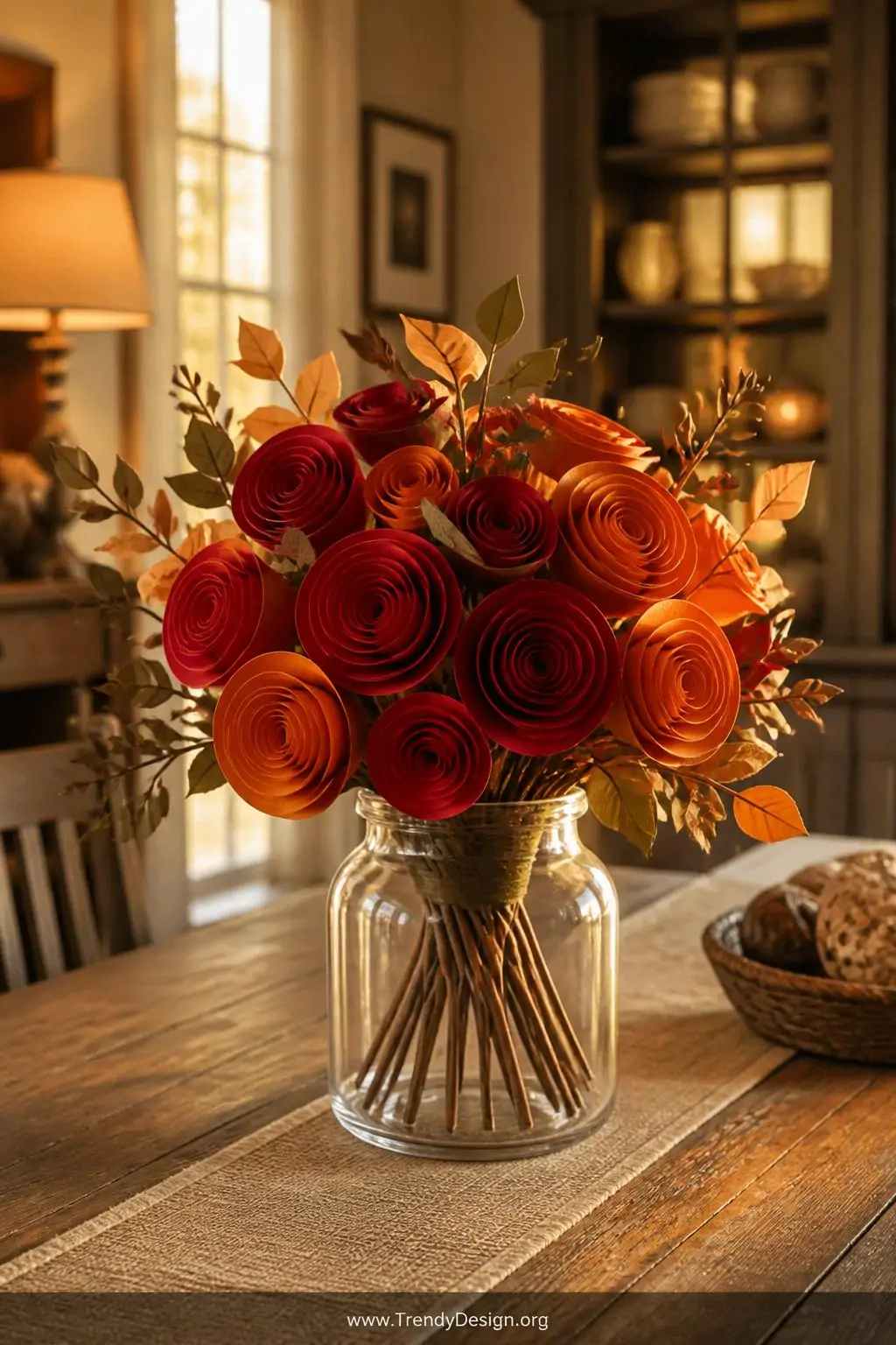 Rolled paper flower bouquet in burnt orange and deep red cardstock spirals inside a clear glass vase on a rustic wooden dining table, warm amber side lighting, medium shot showcasing layered textures and faux paper leaves among the blooms.
