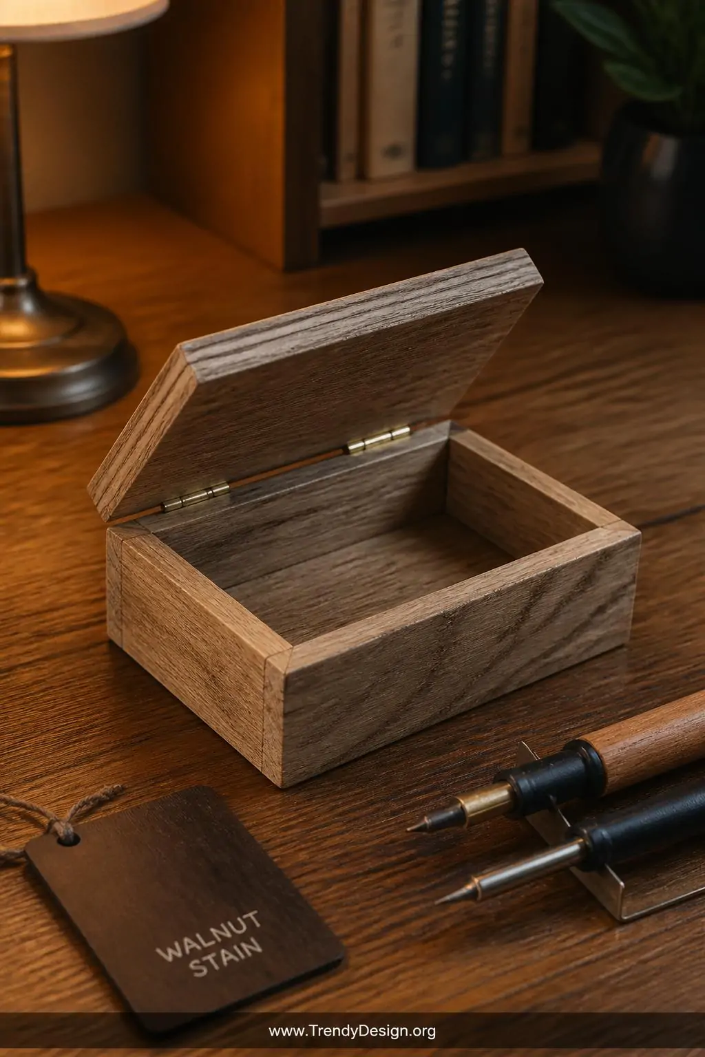 Rustic unfinished wooden hinged box with visible natural wood grain and small brass hinge on a warm oak writing desk, soft amber desk lamp glow, walnut stain swatch and wood-burning tools resting nearby, closeup shot showcasing the flip-top lid detail and rich grain texture.