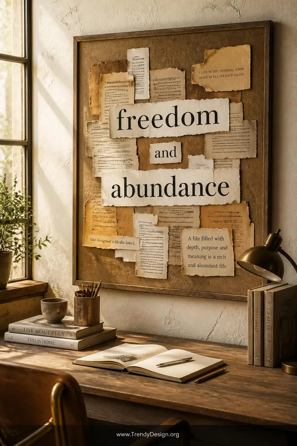 Torn newspaper and book page word cutouts arranged on a rustic cork board mounted on a white plaster wall, bold black typography mixed with delicate serif text fragments spelling 