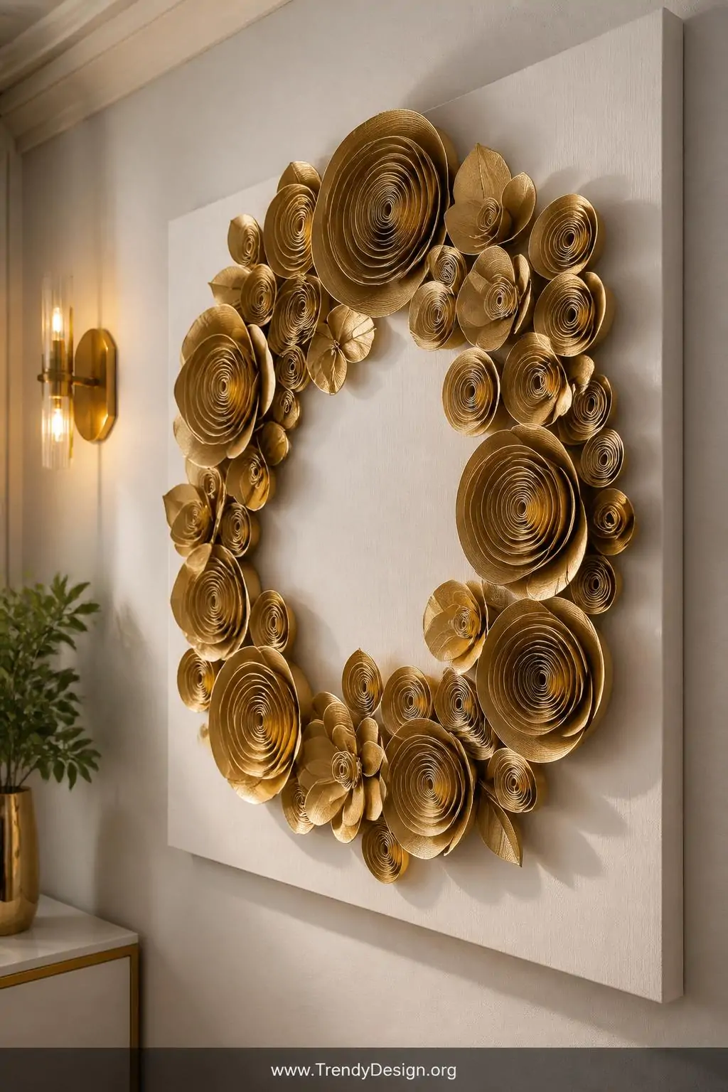Gold-painted rolled magazine page flower wall art mounted on a white canvas frame, entryway gallery wall, modern glam style, warm brass sconce lighting casting soft shadows across textured dimensional petals of varying sizes arranged in a wreath formation, closeup shot.