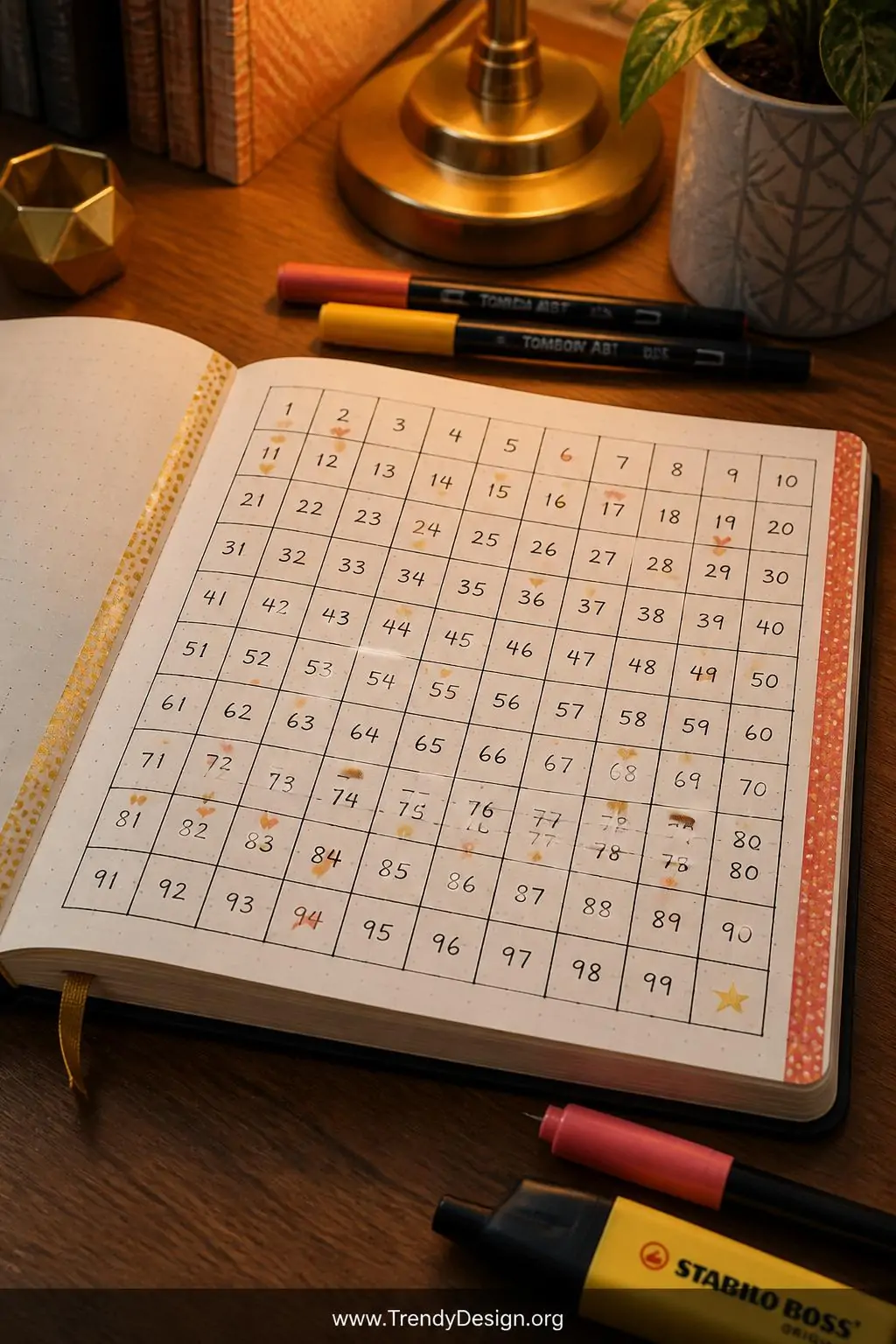 Open bullet journal spread showing a precise grid of numbered squares with black pen borders and washi tape edges on a wooden desk, colored highlighters and fine-tip markers scattered nearby, warm amber desk lamp casting soft shadows, some boxes filled with tiny gold stars and hearts in yellow and coral ink, closeup shot revealing the satisfying texture of cream-colored dot-grid paper.