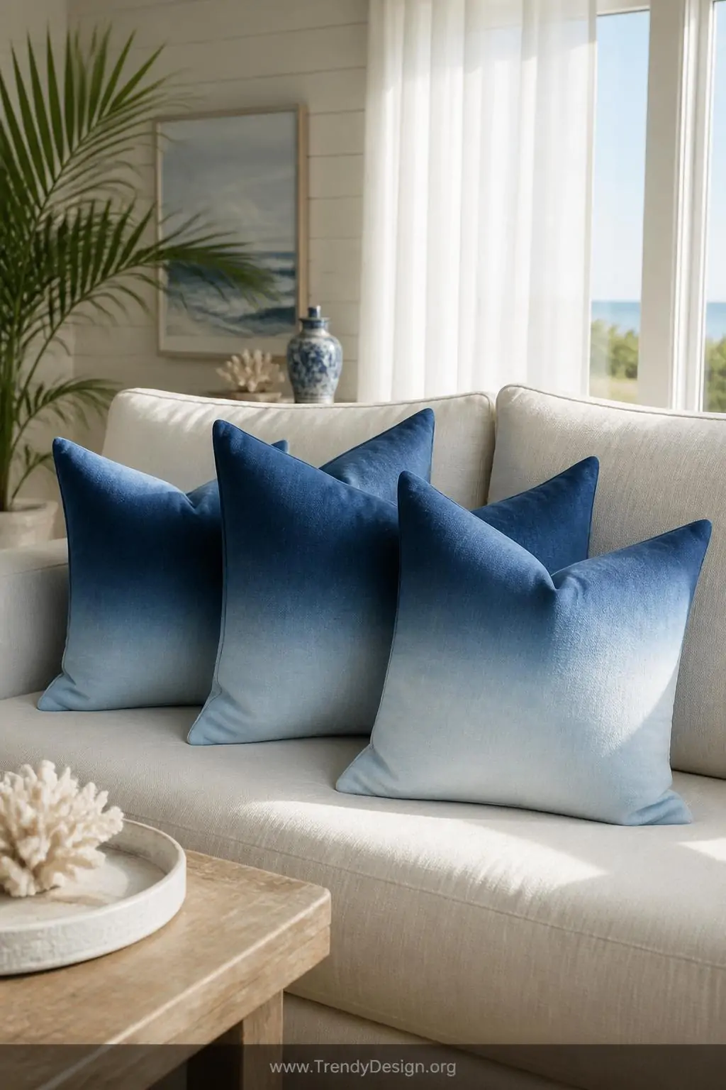 Ombre-dyed throw pillow covers in deep navy fading to pale sky blue arranged on a cream linen sofa, natural afternoon light streaming through sheer curtains, medium shot of living room in coastal modern style.