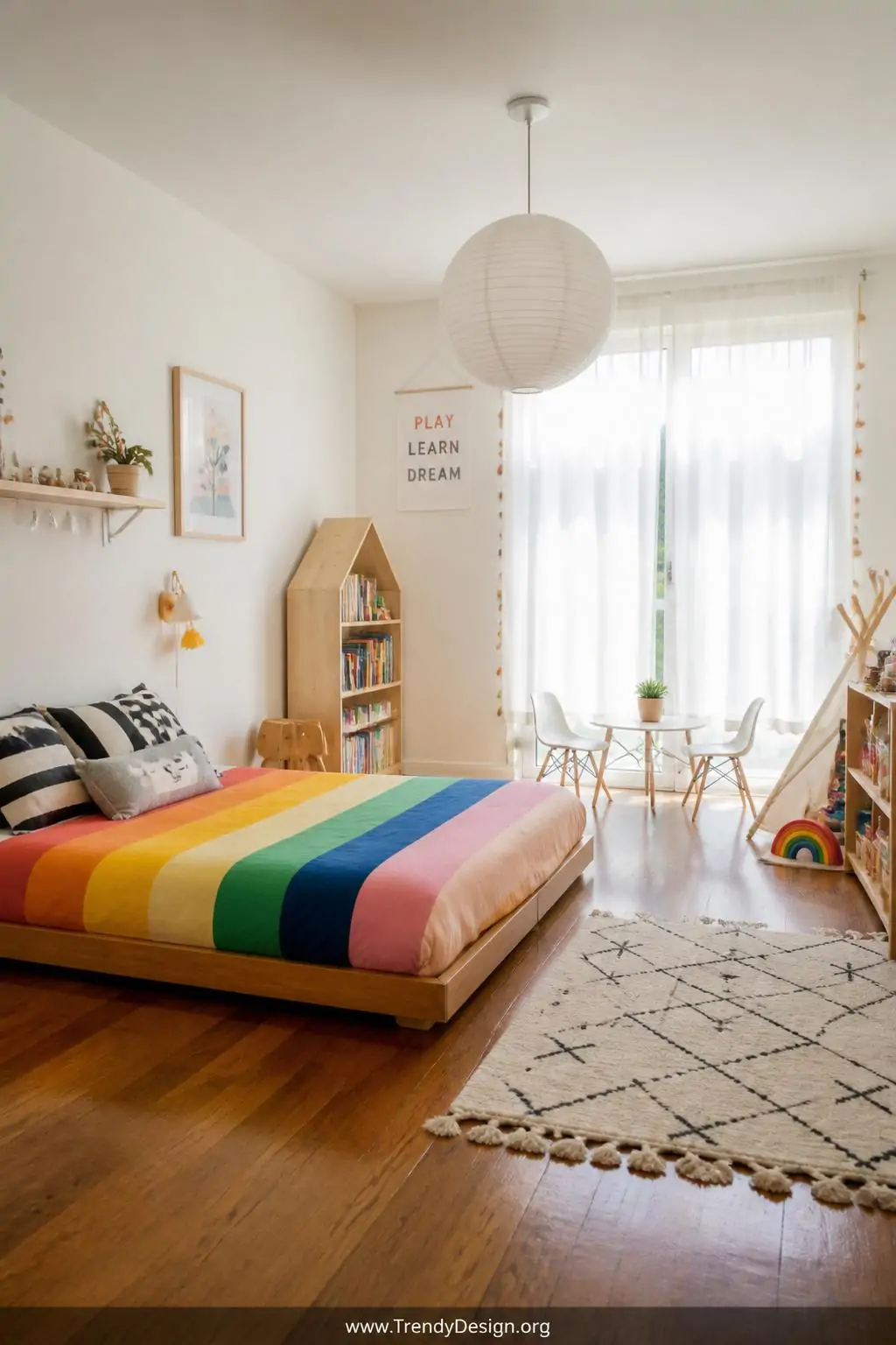 Low platform bed frame with bold rainbow-striped duvet and geometric patterned pillows on a polished hardwood floor, wide shot of a bright Montessori children's bedroom, natural daylight streaming through sheer curtains, cheerful and minimal Scandinavian-inspired style