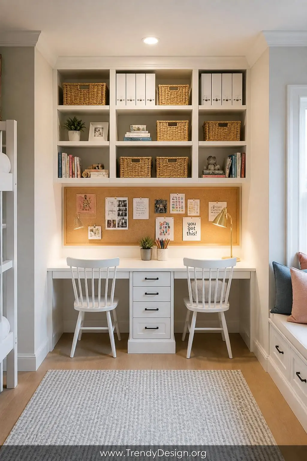 Built-in white desk with adjustable shelves above holding labeled binders and woven baskets, homework alcove in a children's bedroom, Scandinavian style, warm overhead lighting, wide shot showing full floor-to-ceiling shelving unit with bulletin board mounted between desk surface and bottom shelf, photorealistic interior design.