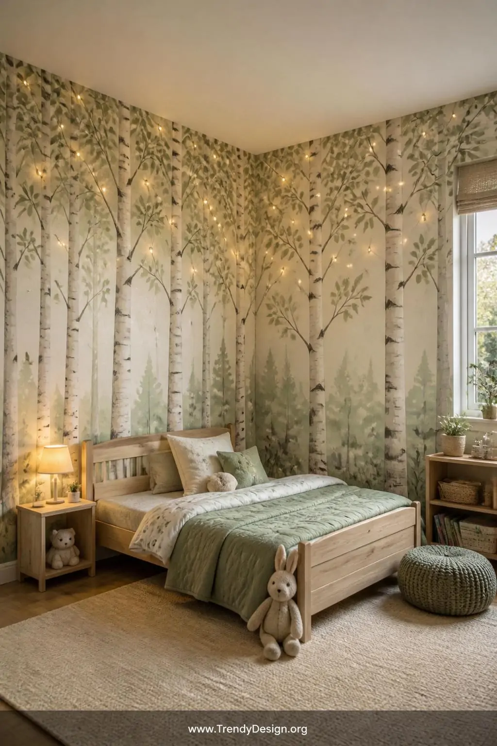 Floor-to-ceiling peel-and-stick birch forest mural wrapping around the corner of a child's bedroom, soft muted sage greens and warm cream tones, fairy lights tucked into painted branches glowing amber, wide shot showing the full immersive wraparound wall effect with a small wooden bed nestled at the base, photorealistic interior design.