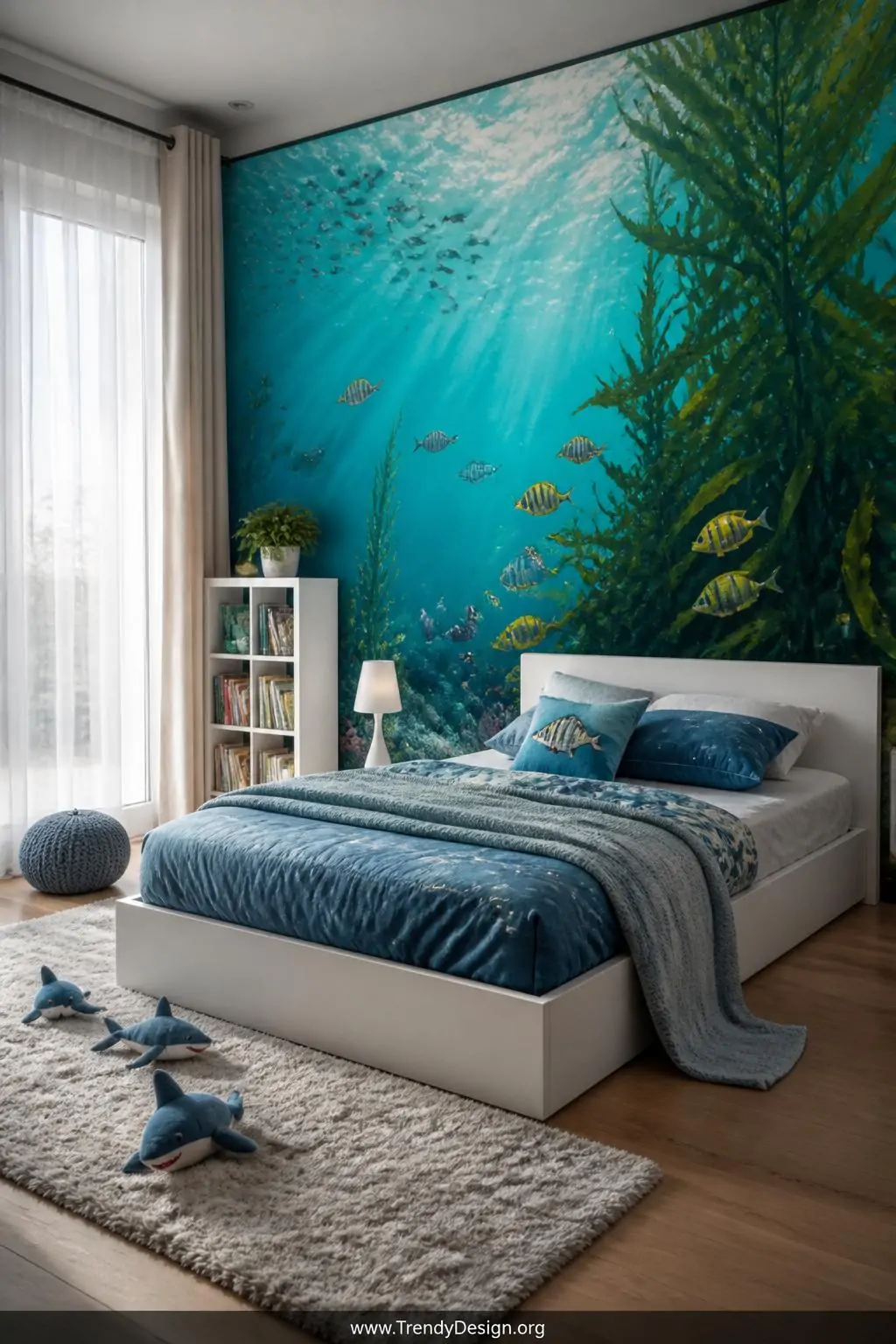 Floor-to-ceiling underwater mural wallpaper with vibrant turquoise waves, iridescent fish, and swaying emerald seaweed stretching across an entire kids room wall, wide shot, warm natural light streaming through sheer white curtains onto a low white platform bed with ocean-blue bedding, photorealistic interior design.