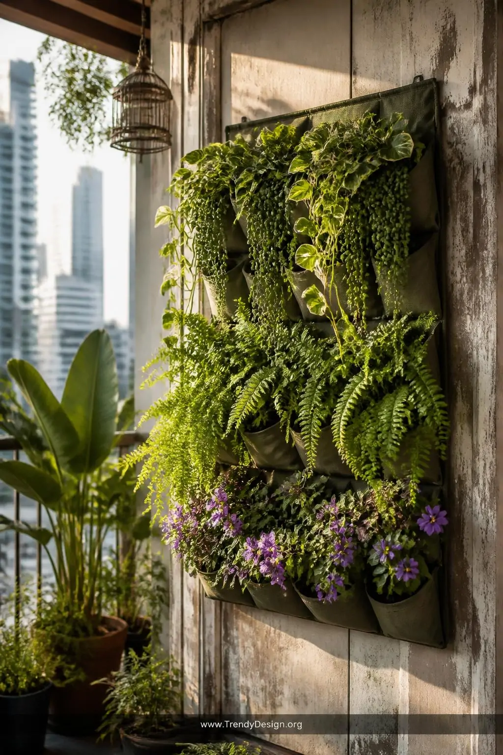 Vertical pocket planter wall mounted on a weathered exterior balcony wall, wide shot, lush urban jungle style — cascading pothos and string of pearls trailing from the top pockets, feathery ferns filling the middle tier, and compact purple flowering plants at the base, all layered against sun-bleached wood in dappled afternoon light, photorealistic interior design.