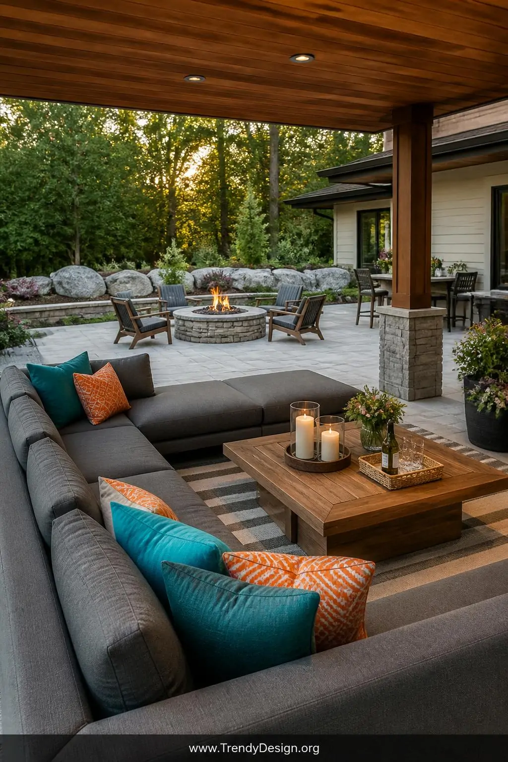 Large L-shaped sectional sofa in warm charcoal gray with bold turquoise and terracotta throw pillows surrounding a low rectangular teak coffee table holding pillar candles and a small tray of drinks, on a striped cream outdoor rug, wide shot of a sun-drenched backyard patio with a stone fire pit as focal point, photorealistic outdoor living room style.