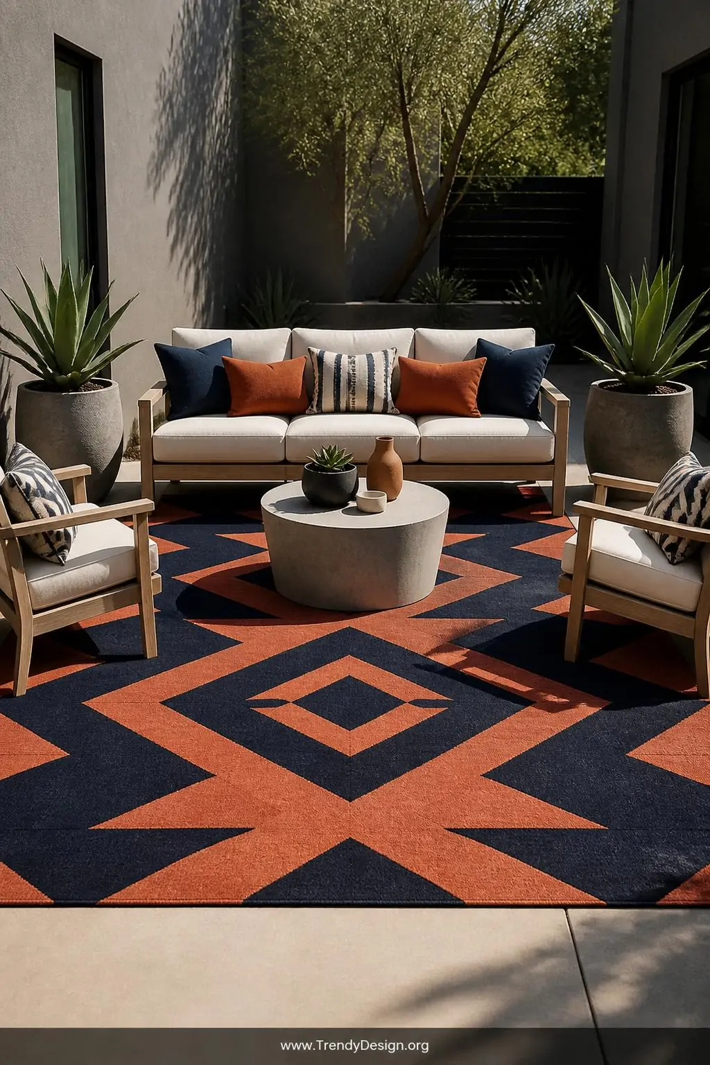 Bold geometric flatweave rug in navy and terracotta diamond pattern on a smooth concrete patio, wide shot, paired with neutral linen cushioned sofa and chairs, afternoon sunlight casting sharp shadows across the high-contrast angular design, potted succulents flanking the seating area.