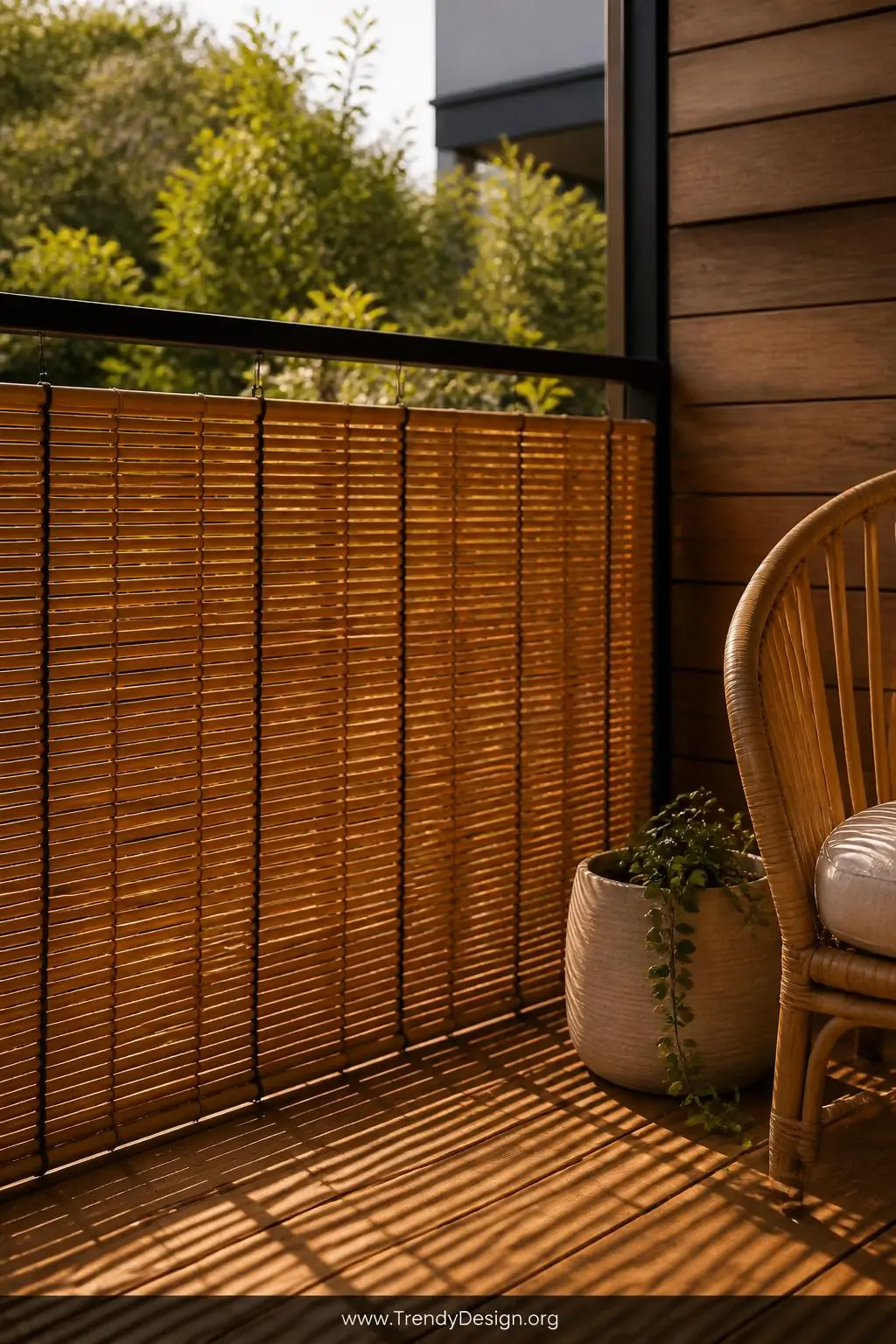Bamboo roll-up privacy screen clipped to a balcony railing, outdoor zen balcony, natural modern style, warm honey-brown bamboo slats with visible gap spacing casting striped afternoon shadows across a teak floor, small ceramic pot with trailing greenery beside a rattan chair, golden hour side lighting, medium shot.