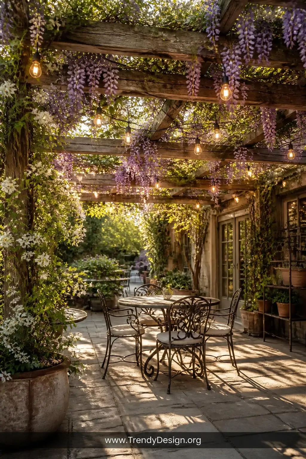 Weathered cedar pergola draped in cascading purple wisteria and lush jasmine vines over a stone-paved patio with wrought iron bistro furniture and warm Edison bulb string lights weaving through the canopy, wide shot, golden hour light filtering through the dappled green and violet overhead, photorealistic interior design.