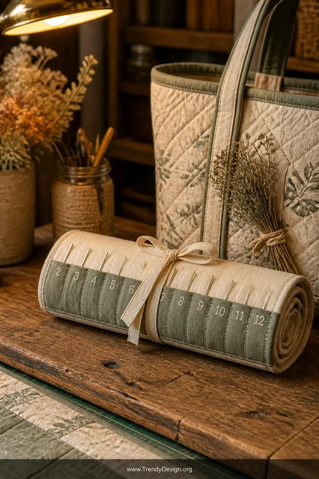 Rolled canvas fabric needle case tied with a linen ribbon on a rustic wooden craft table, warm amber lamplight, individual stitched pockets visible with embroidered size numbers, quilting fabric in muted sage and cream tones, medium shot showing the baguette-sized roll beside a tote bag