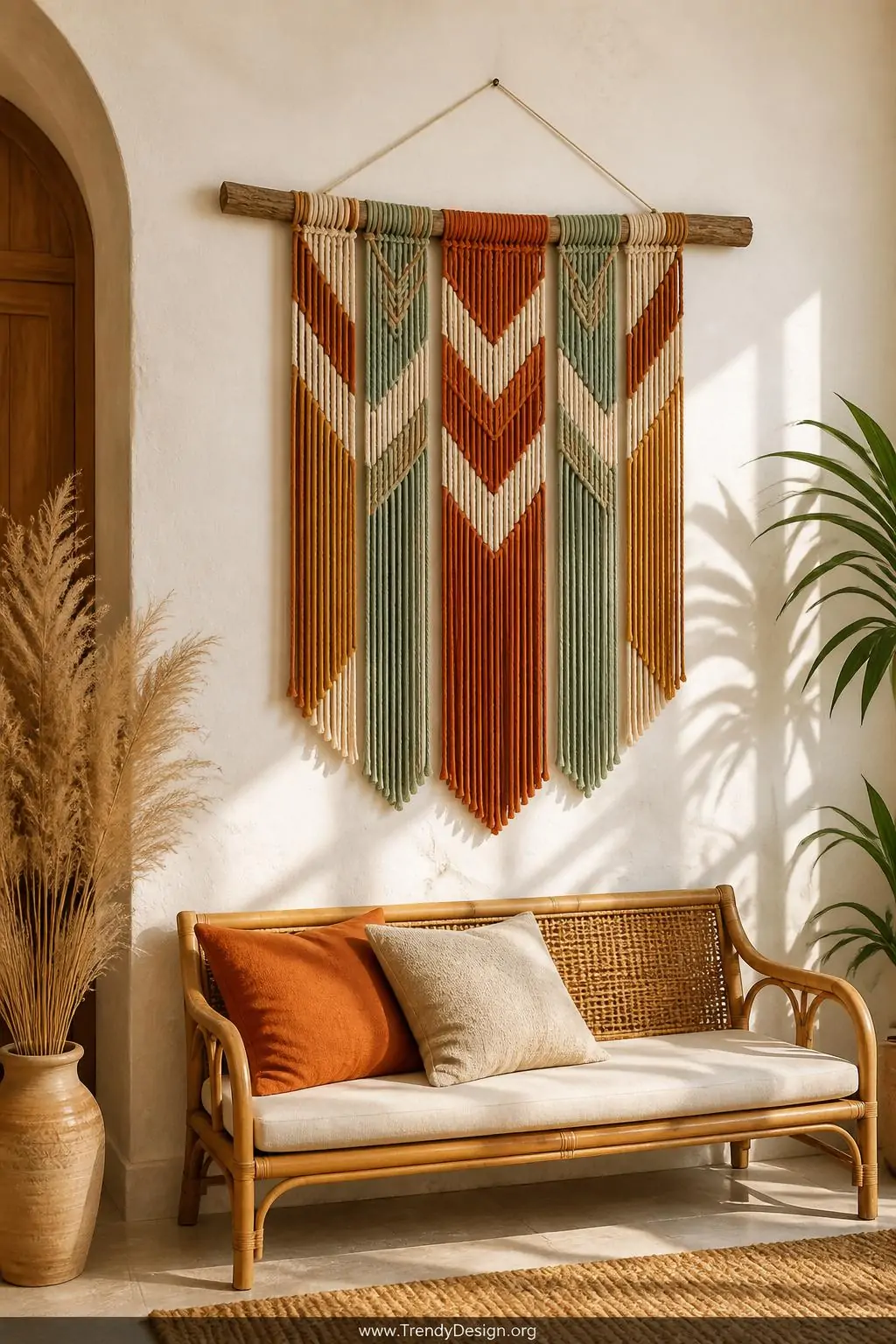 Woven friendship bracelet wall hanging on a white plaster wall above a rattan bench, boho living room, chevron-knotted embroidery floss in terracotta, mustard, sage, and cream suspended from a weathered driftwood dowel with long fringe tassels, golden afternoon light, medium shot.