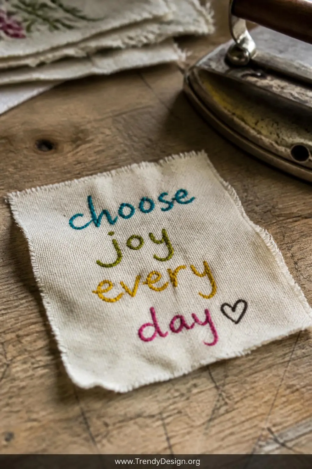 Small muslin fabric scrap with handwritten text in colorful fabric markers on a weathered wooden craft table, soft warm natural window light, scattered pencil lines and a vintage iron nearby, extreme closeup showing ink texture and cotton weave detail, photorealistic interior design.