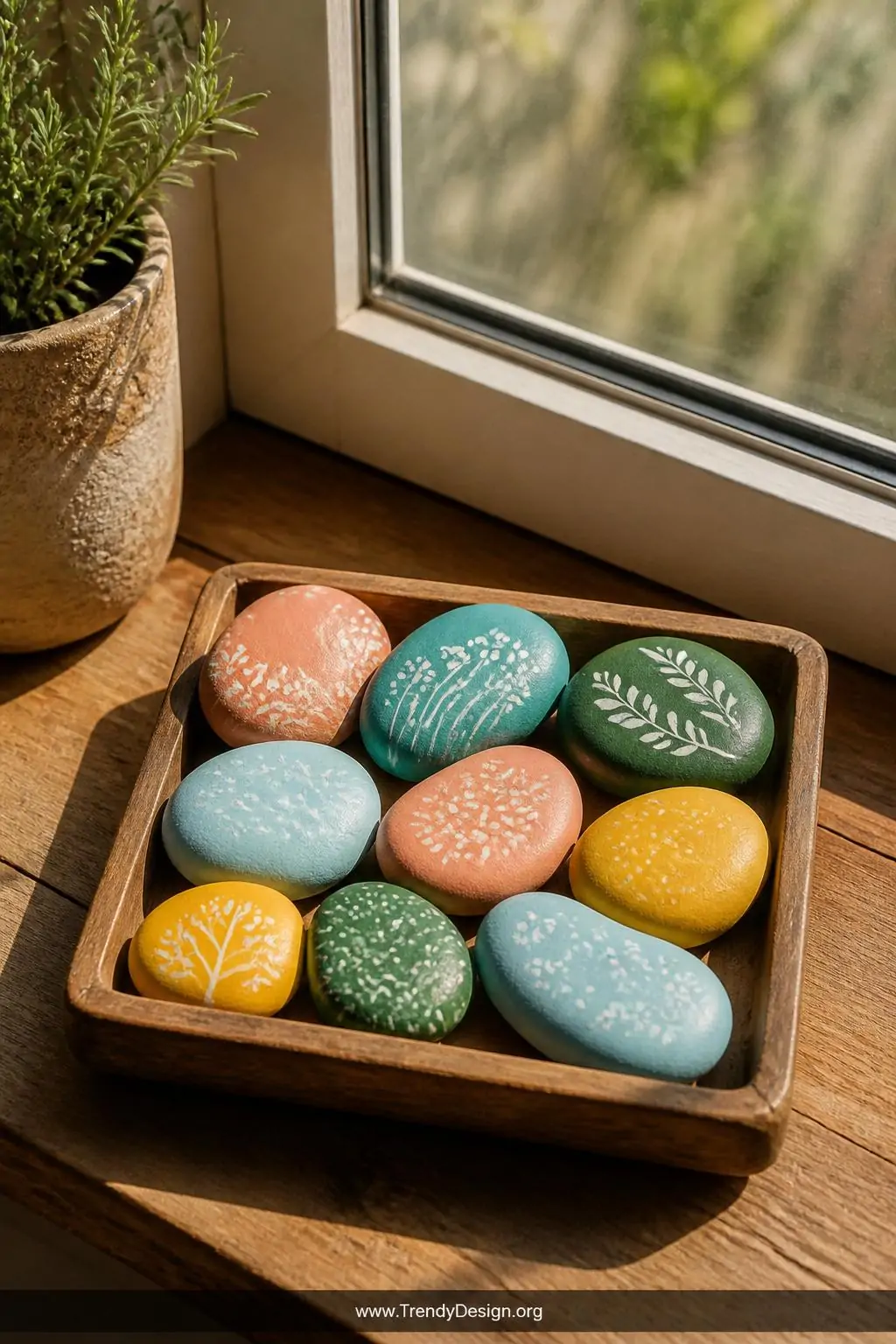 Painted river rocks arranged in a small rectangular wooden tray on a sun-drenched windowsill, acrylic colors of coral, turquoise, yellow, and forest green with tiny hand-painted patterns visible on each smooth stone, warm natural light casting soft shadows across the rustic wood grain, closeup shot