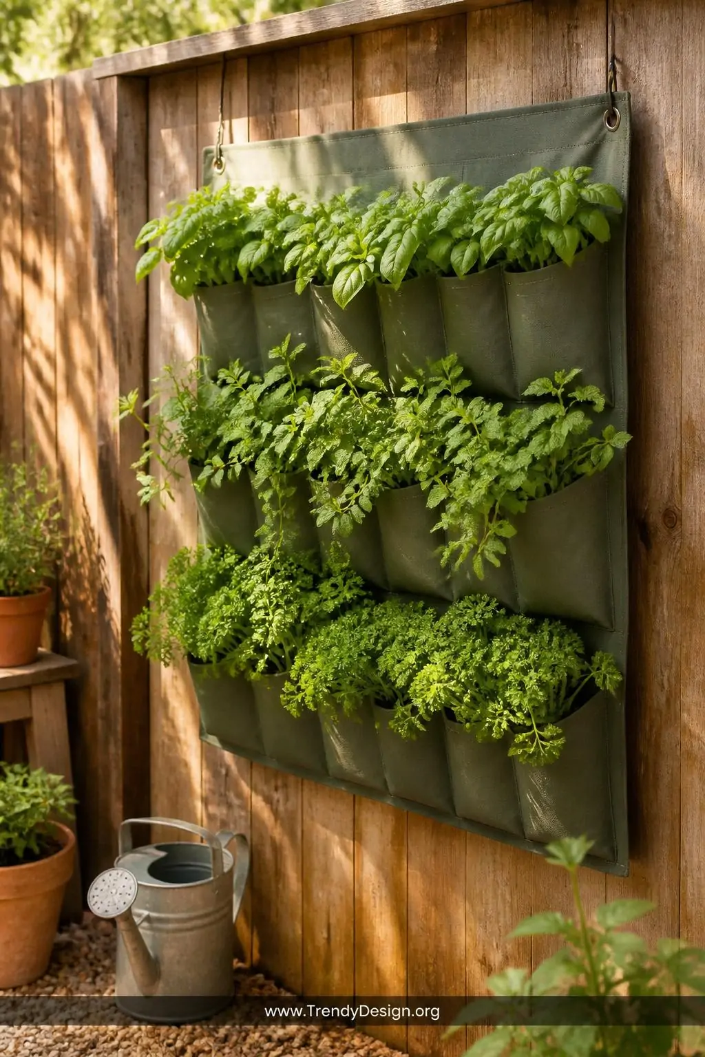 Fabric pocket planter panel mounted on a weathered cedar fence in a sunny backyard herb garden, rustic-modern style, rows of lush green basil, trailing mint, and bright parsley spilling from sage-green UV-resistant canvas pockets against warm honey-toned wood, soft dappled afternoon sunlight casting gentle shadows across the textured fabric surface, medium shot.