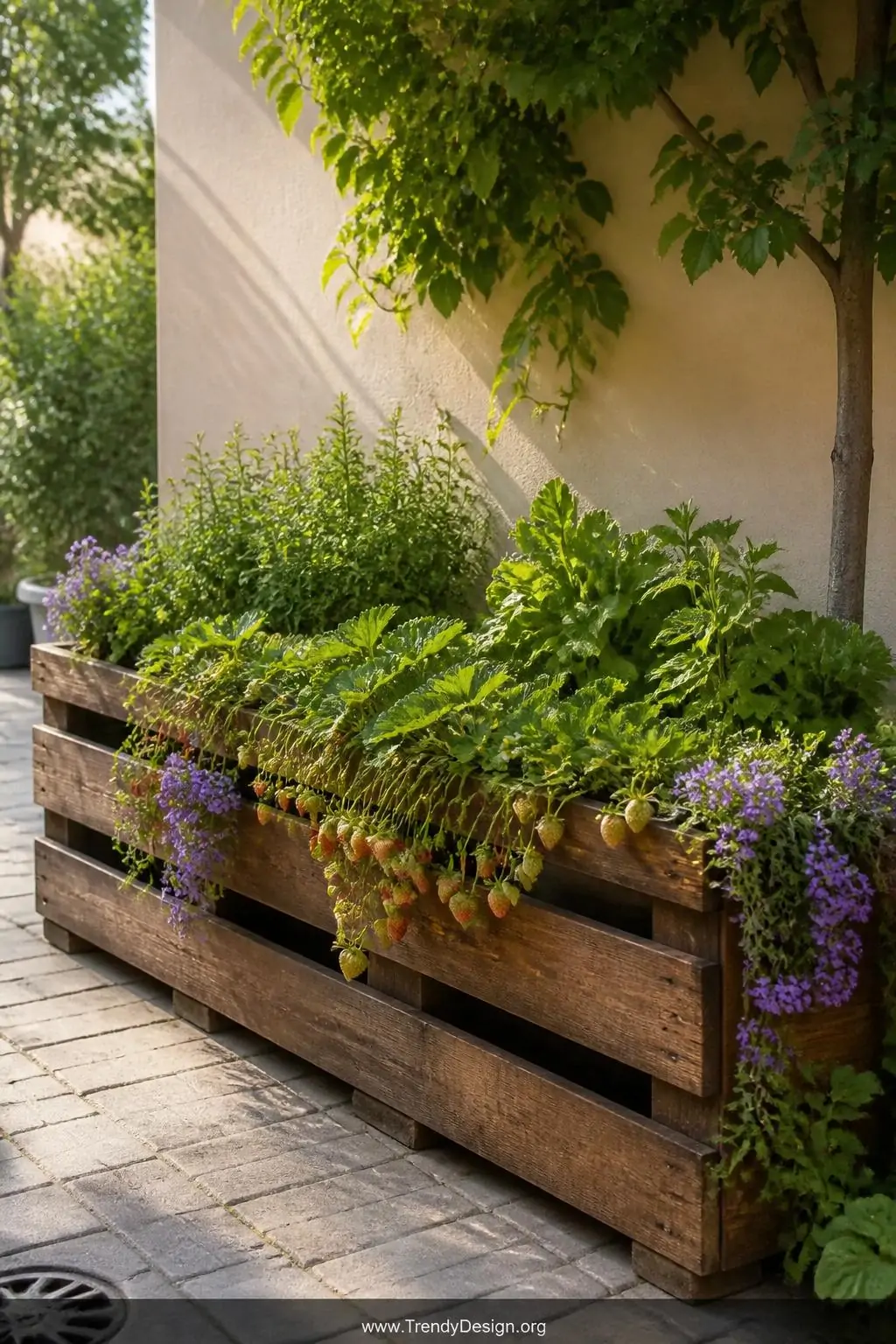 Weathered wooden pallet raised garden bed against a sunlit garden wall, stained in warm chestnut brown with landscape fabric visible inside, overflowing with cascading strawberry plants, trailing purple flowers, and lush green herbs, wide shot, golden afternoon light, photorealistic.