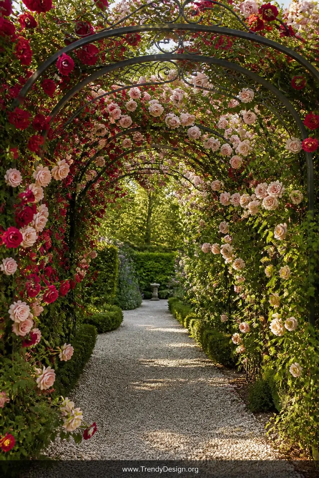 Wrought iron garden arch in a cottage garden pathway, classic romantic style, dark scrolled metal frame densely covered in cascading blush pink and deep crimson climbing roses against a soft green foliage backdrop, rust-darkened iron texture contrasting with velvety petals, fine white gravel pathway running beneath, golden hour sunlight filtering through the floral canopy, wide shot capturing the full tunnel effect.