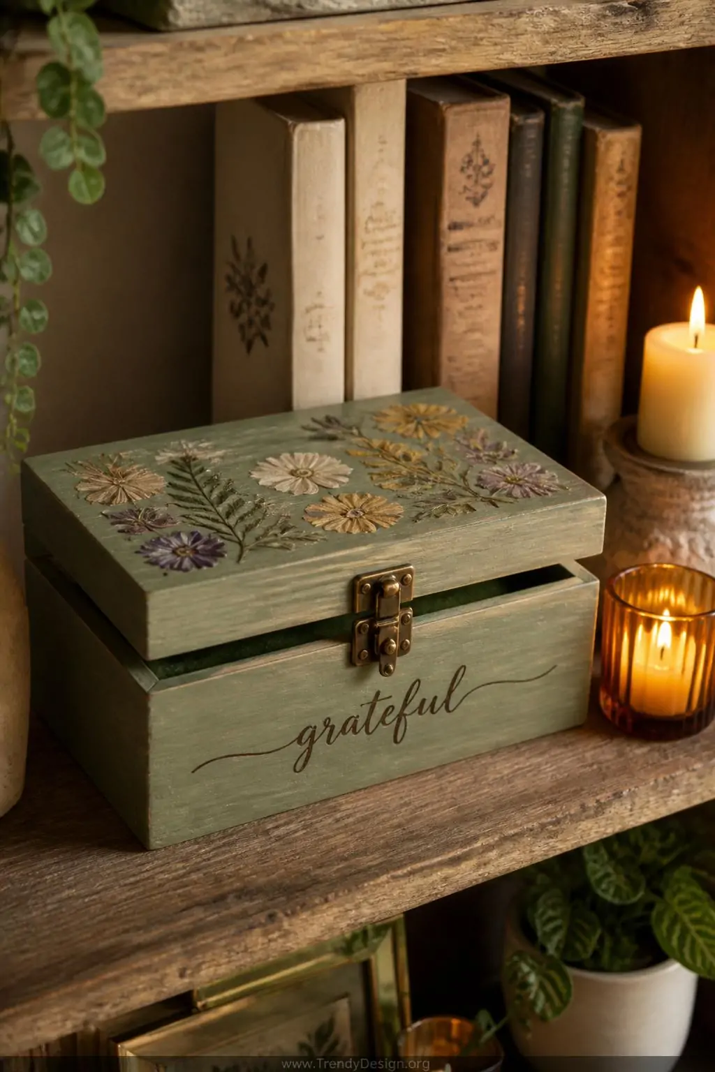 Sage green painted wooden keepsake box with velvet-lined interior and matte varnish finish on a rustic bookshelf, warm amber candlelight illuminating fine-tip handwritten script reading 