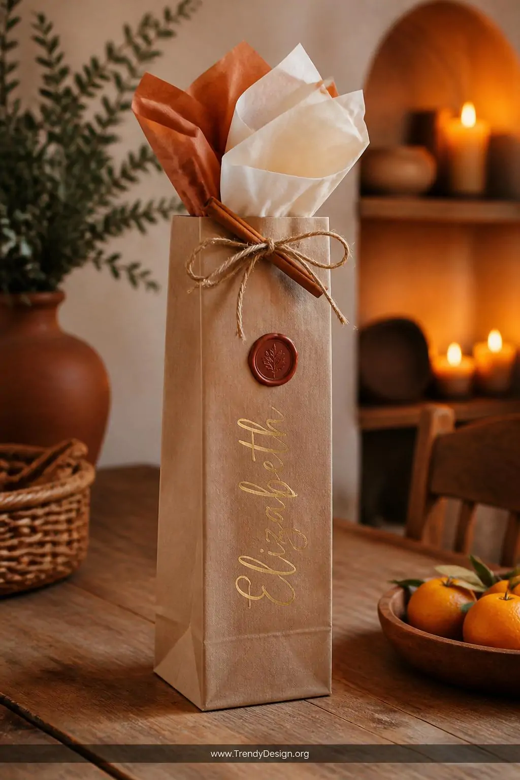 Tall kraft paper wine gift bag tied with natural twine and a cinnamon stick accent on a rustic wooden farmhouse table, warm amber candlelight, terracotta and cream tissue paper visible at the top, gold handwritten name on the bag, wax seal sticker detail, closeup shot.