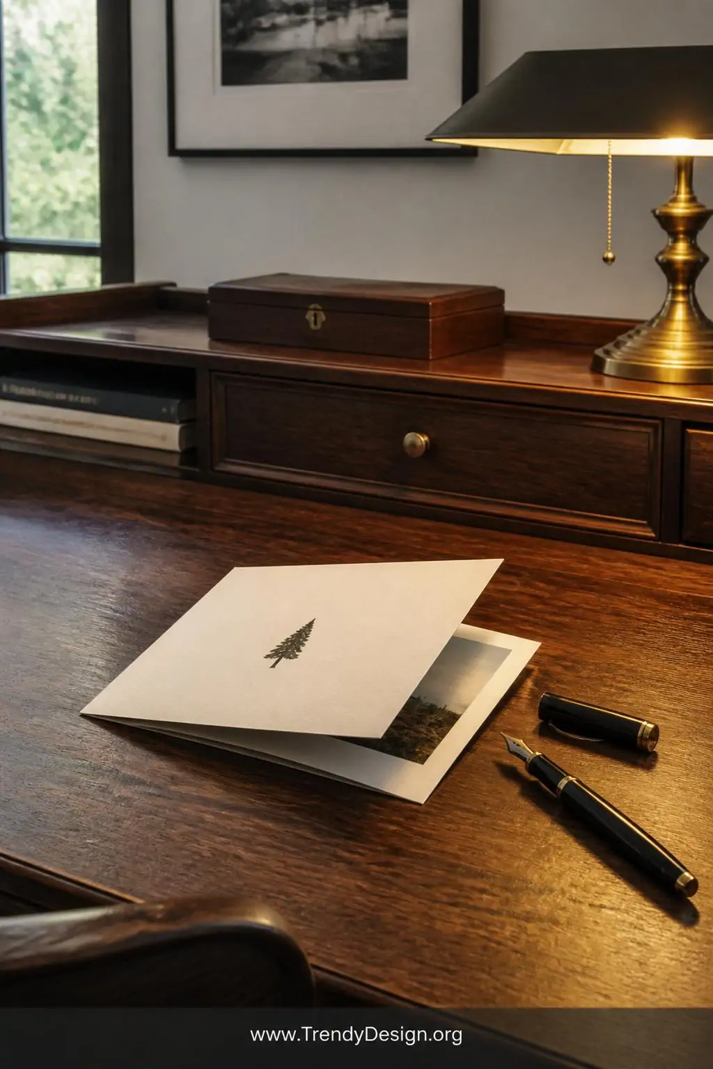 Cream heavyweight cardstock card with a folded printed photograph tucked inside, resting on a warm walnut writing desk beside a uncapped fountain pen and soft pool of amber lamplight, medium shot, photorealistic interior design