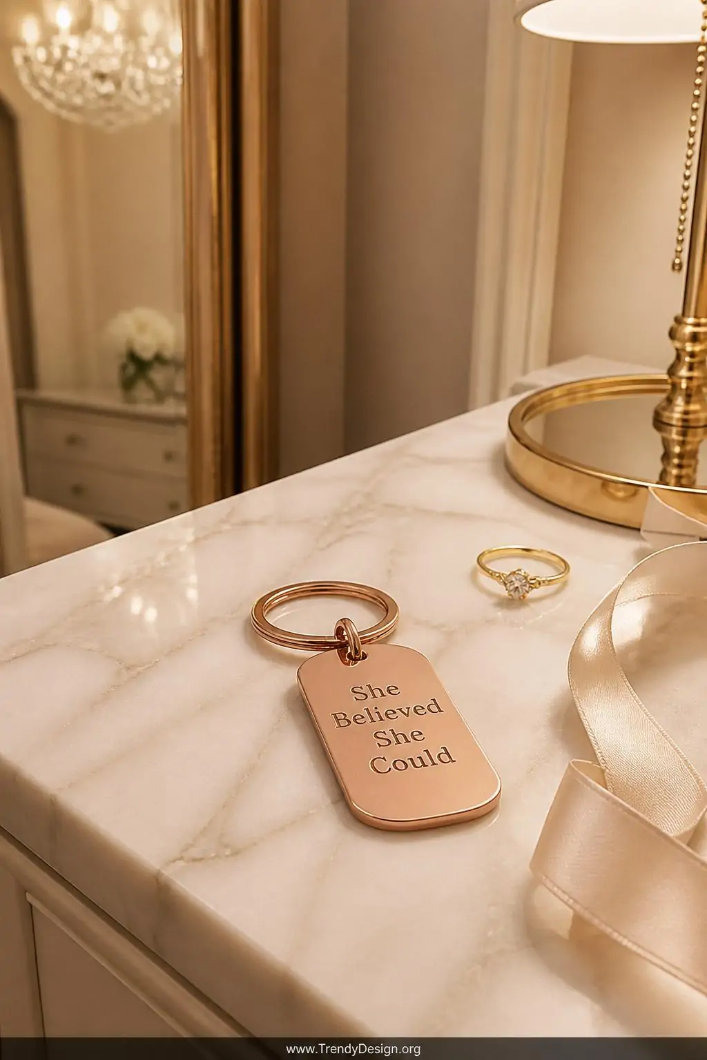 Brushed rose gold stamped metal keychain engraved with 