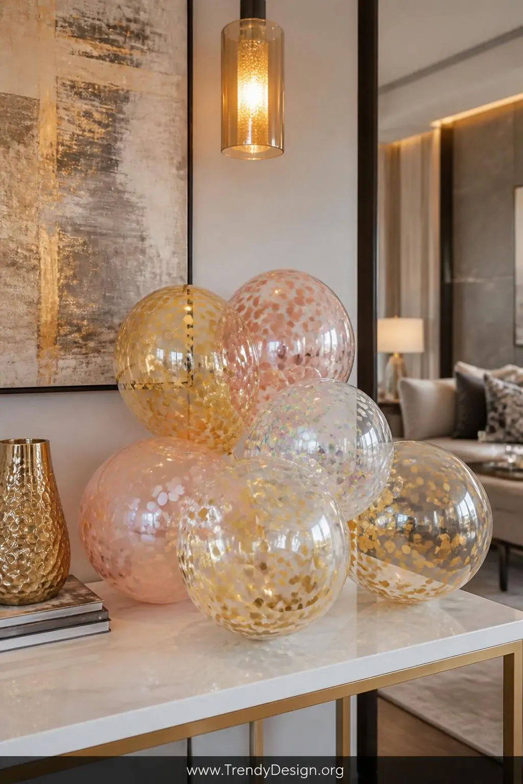 Clear confetti-stuffed balloon cluster in gold, blush, and holographic silver resting on a white marble console table in a modern glam living room, metallic shimmer catching warm pendant light overhead, medium shot