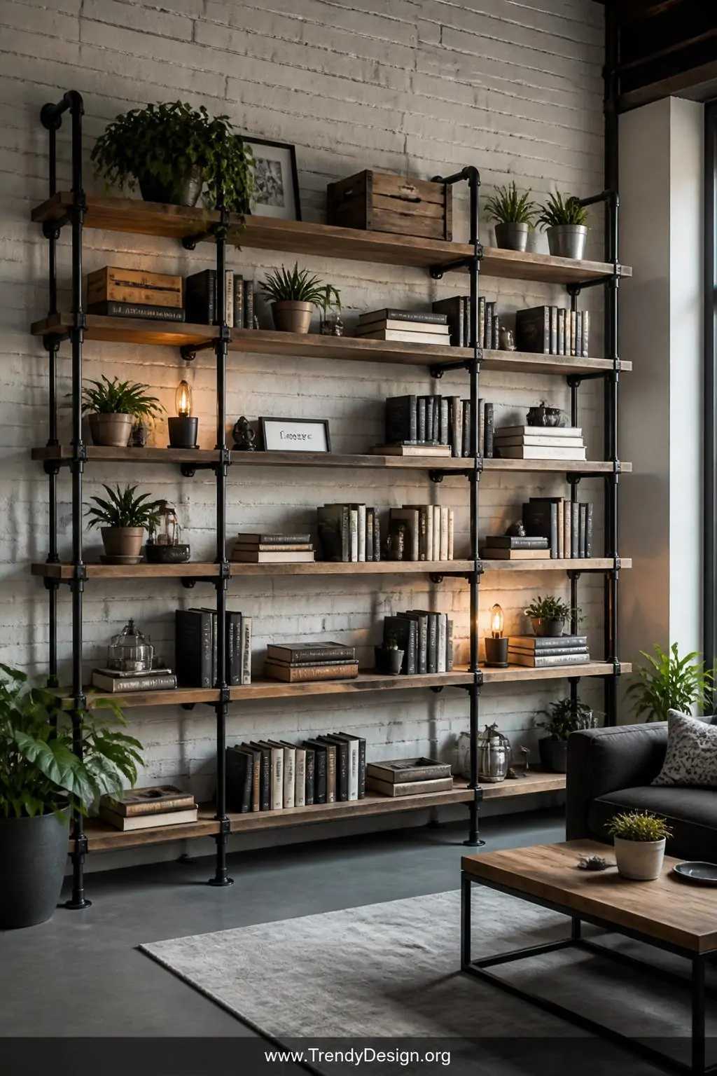 Matte black PVC pipe bookshelf with varnished rustic wooden plank shelves in a modern industrial living room, styled with stacked hardcover books and small potted plants, warm ambient lighting, wide shot showing full floor-to-ceiling unit against a white brick wall.