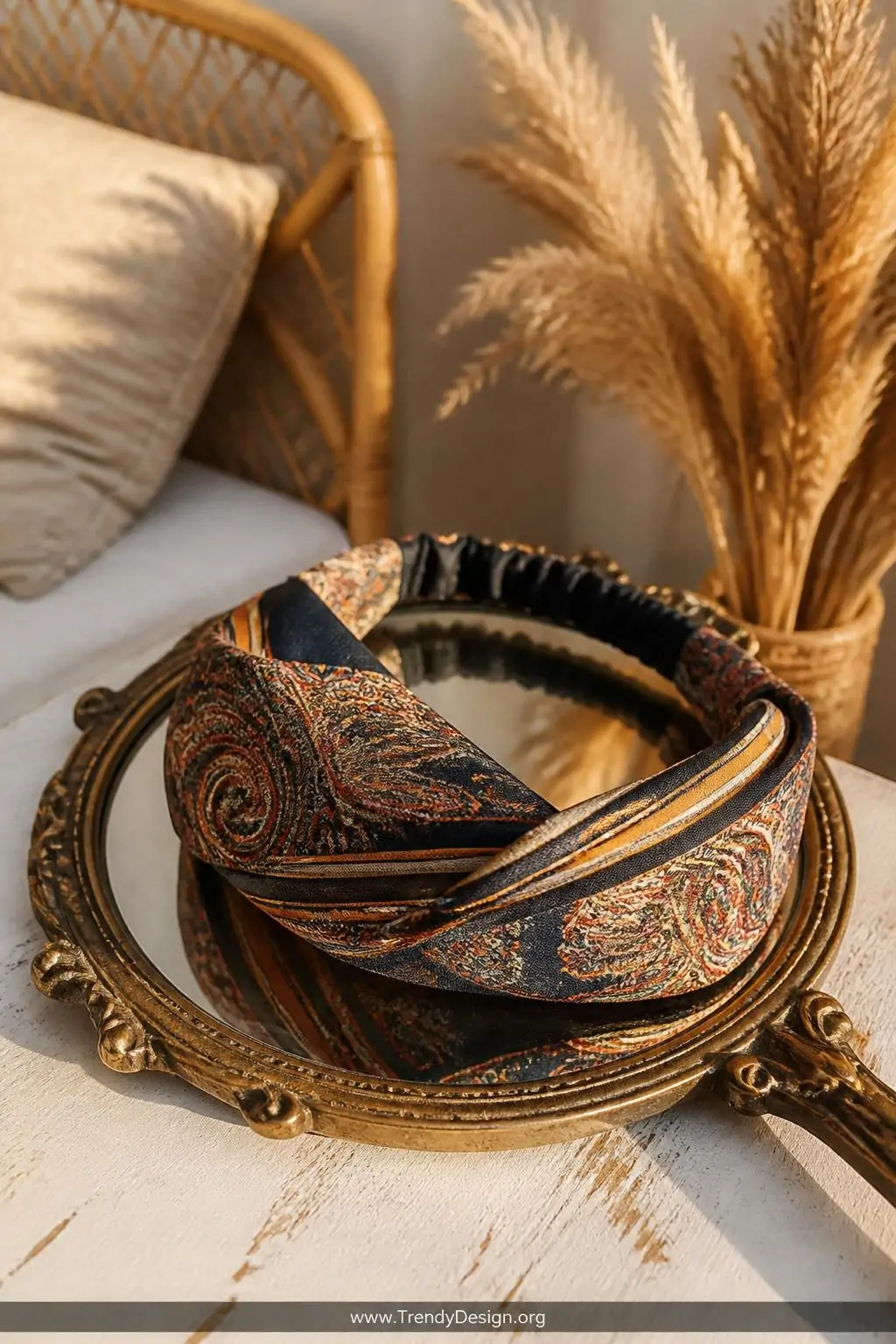Silk necktie headband with elastic closure displayed on a vintage vanity mirror, warm golden hour light, closeup of the folded paisley and striped silk fabric against a white distressed wood surface in a boho bedroom with dried pampas grass in the background.